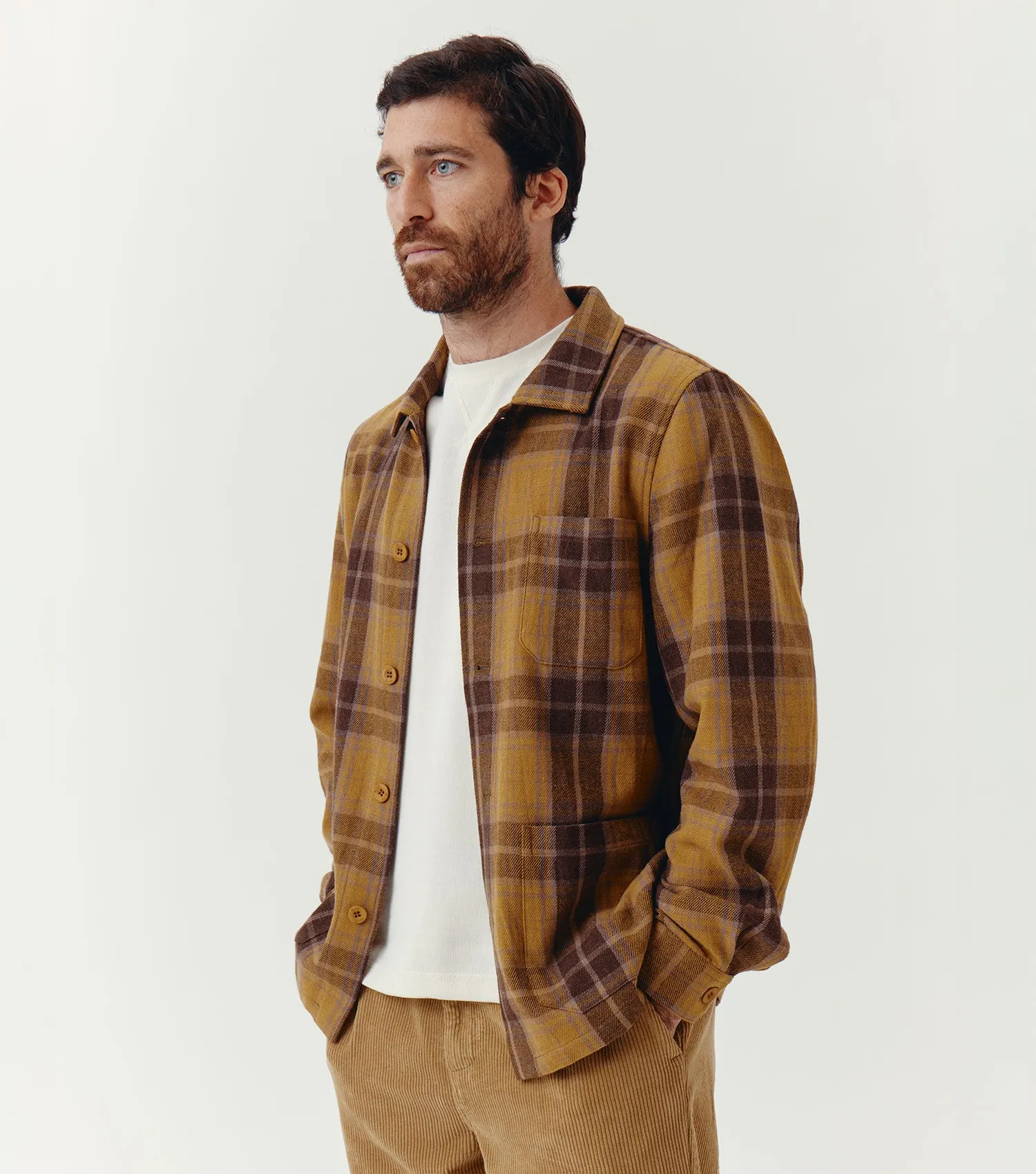 100% Wool Checked Worker Overshirt Ochre