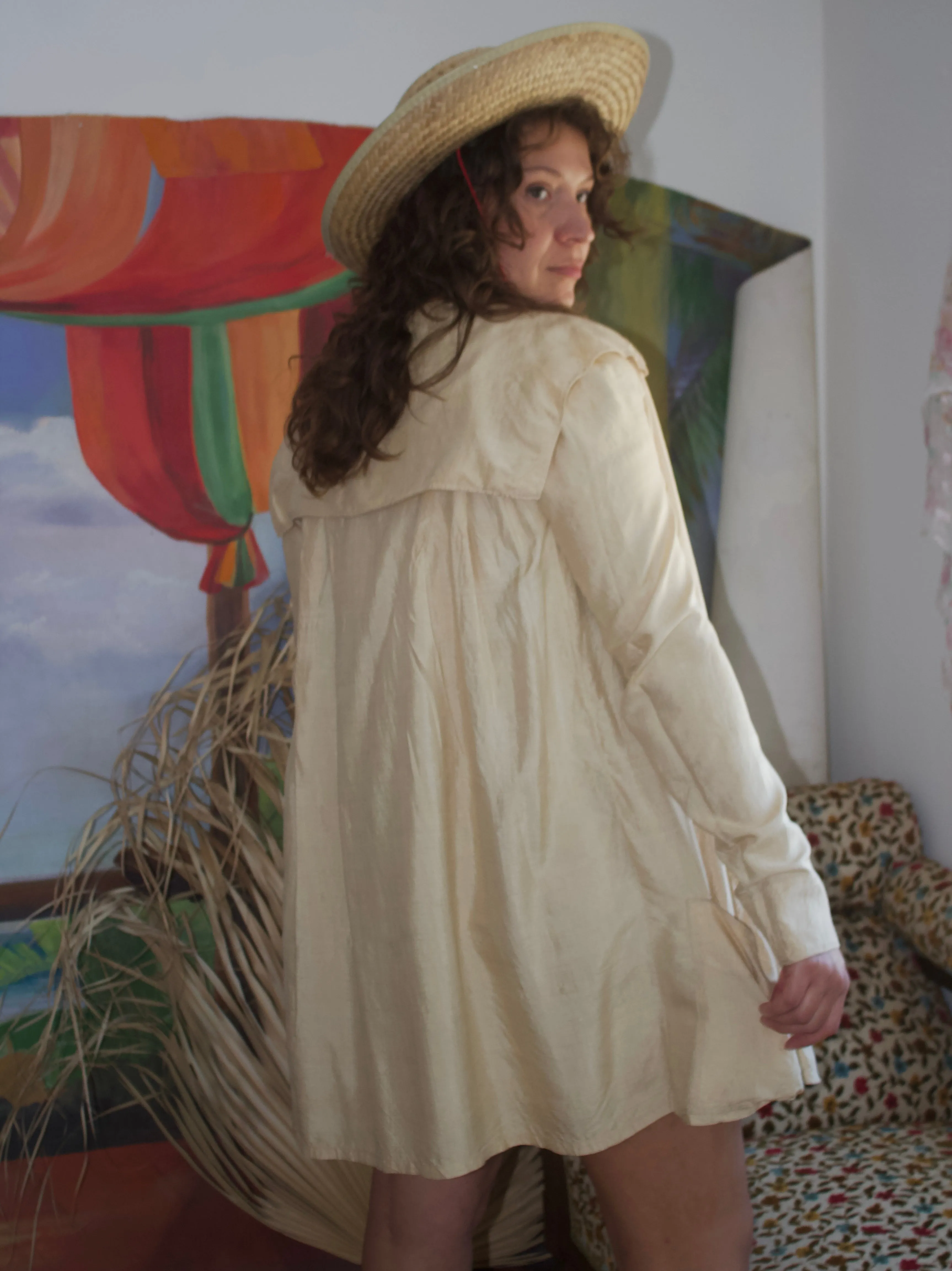 1920s Ecru Pongee Silk Sailor Collar Swing Style Smock Jacket W* MOP Buttons