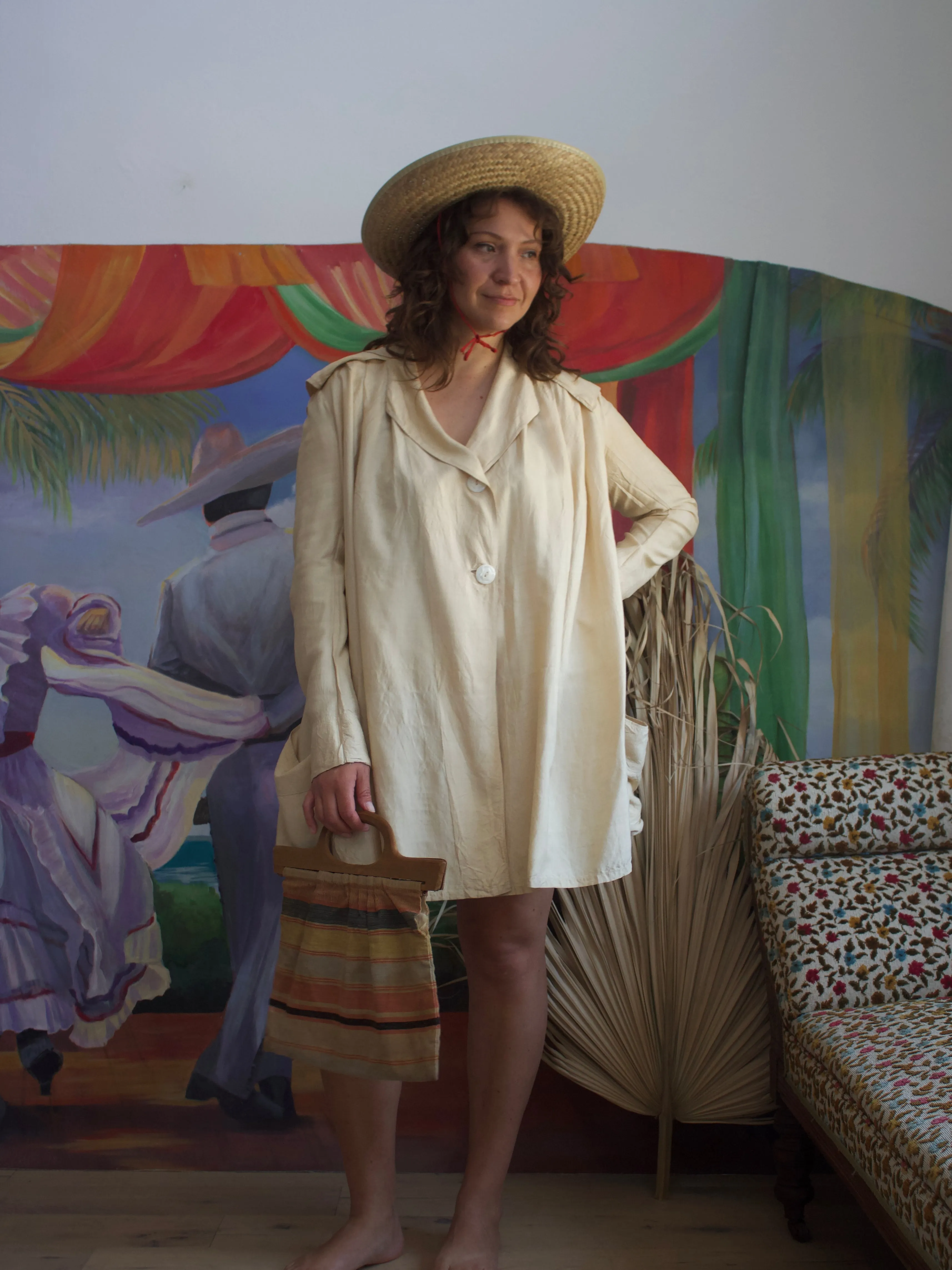 1920s Ecru Pongee Silk Sailor Collar Swing Style Smock Jacket W* MOP Buttons