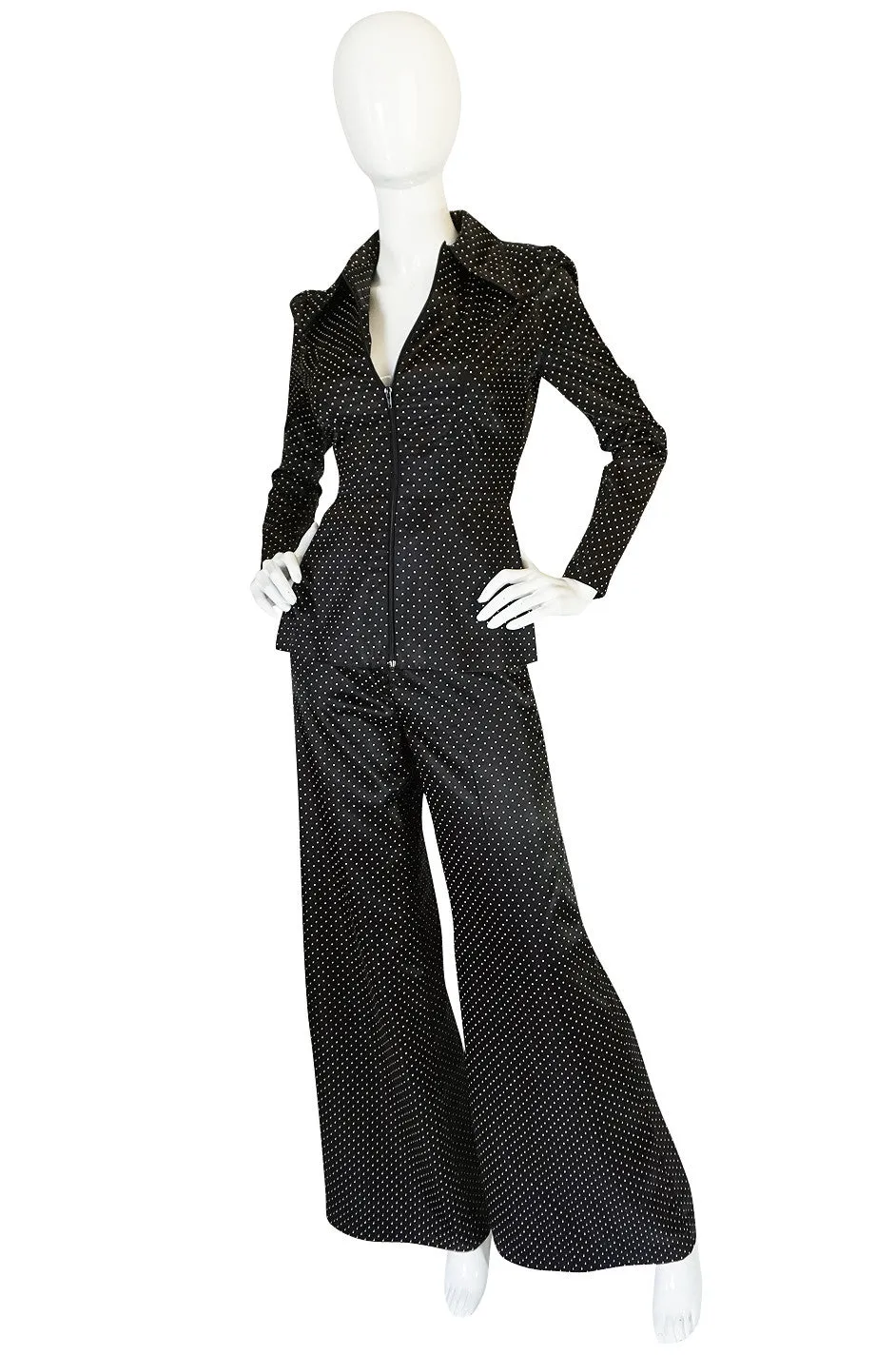 1970s Fabulous Dotted Slippery Satin Flared Pantsuit