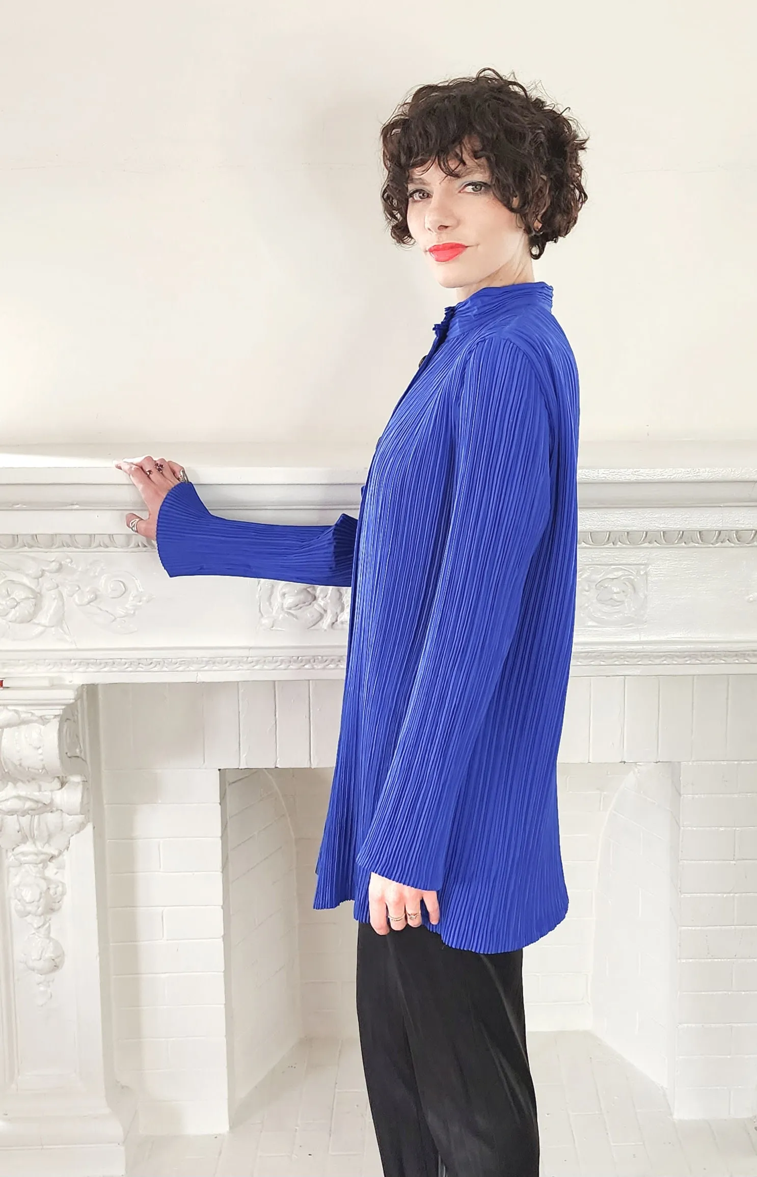 1980s Issey Miyake Hip Length Jacket in Pleated Blue Silk