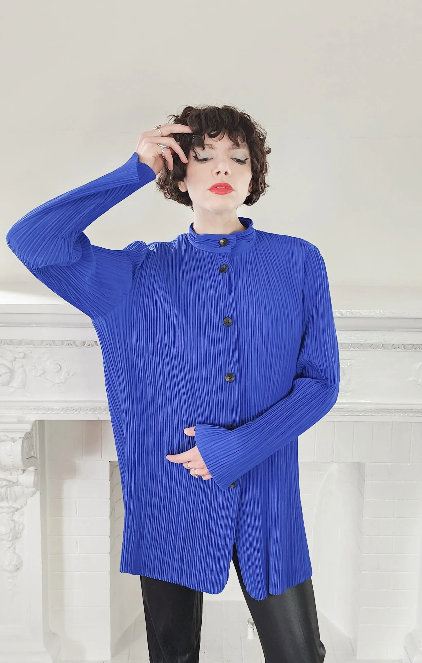 1980s Issey Miyake Hip Length Jacket in Pleated Blue Silk