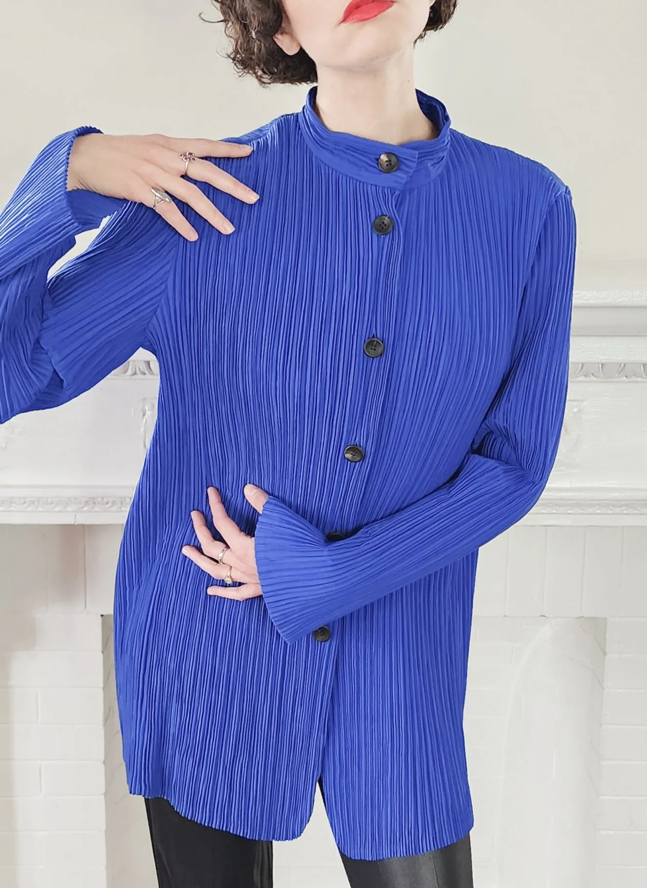 1980s Issey Miyake Hip Length Jacket in Pleated Blue Silk