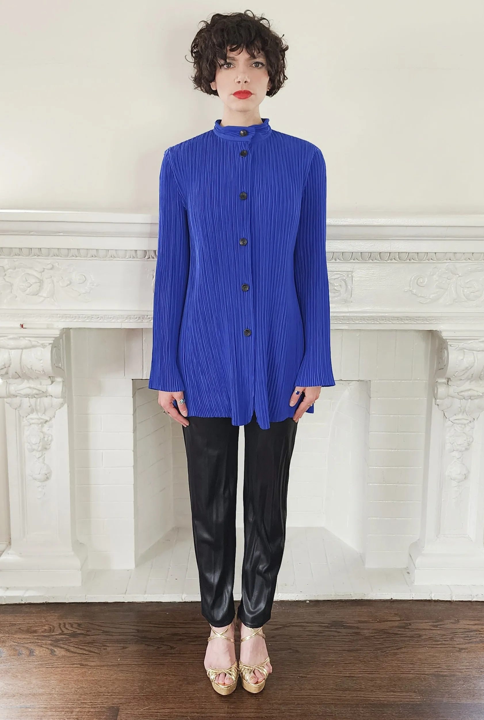 1980s Issey Miyake Hip Length Jacket in Pleated Blue Silk