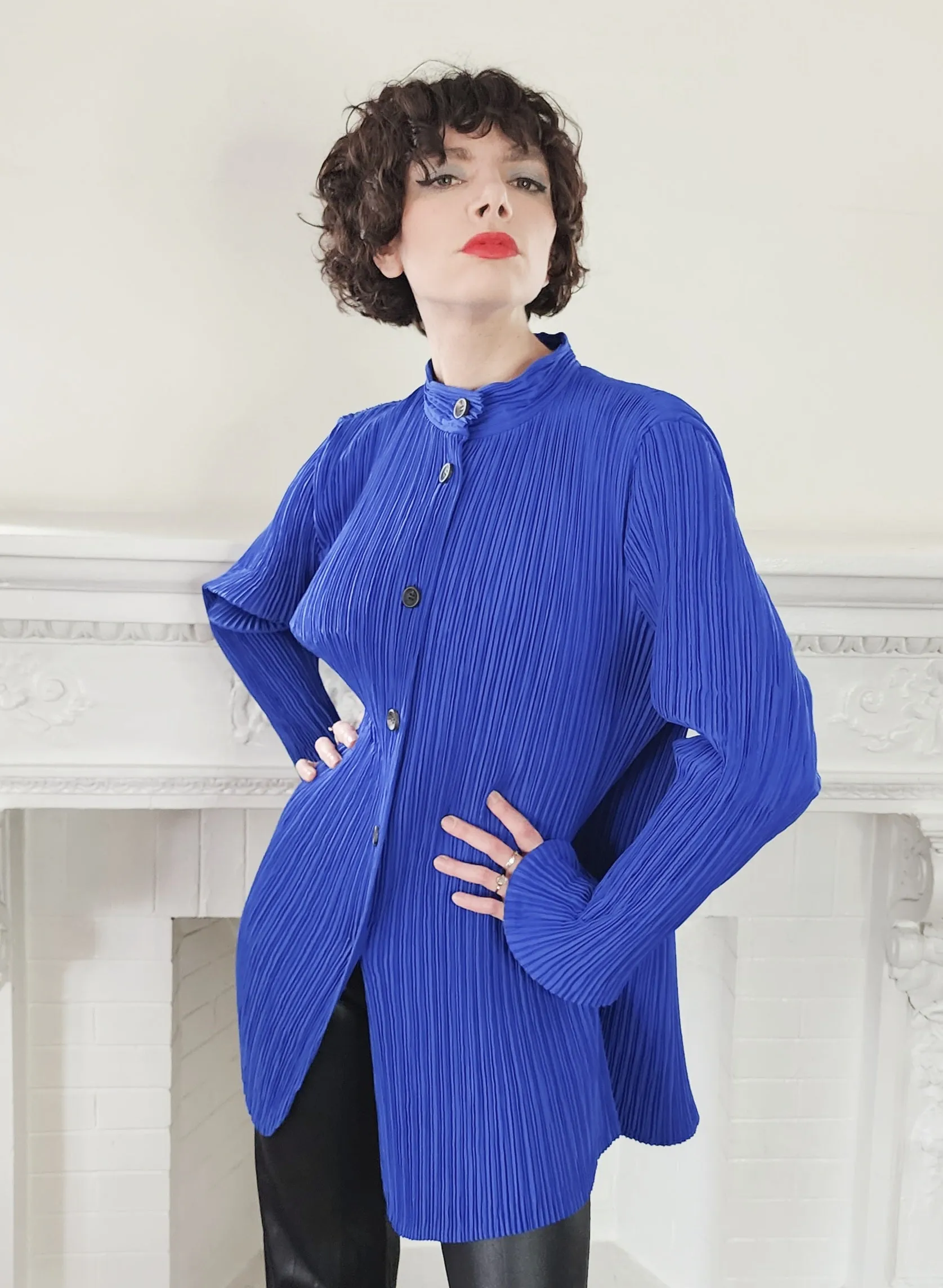1980s Issey Miyake Hip Length Jacket in Pleated Blue Silk
