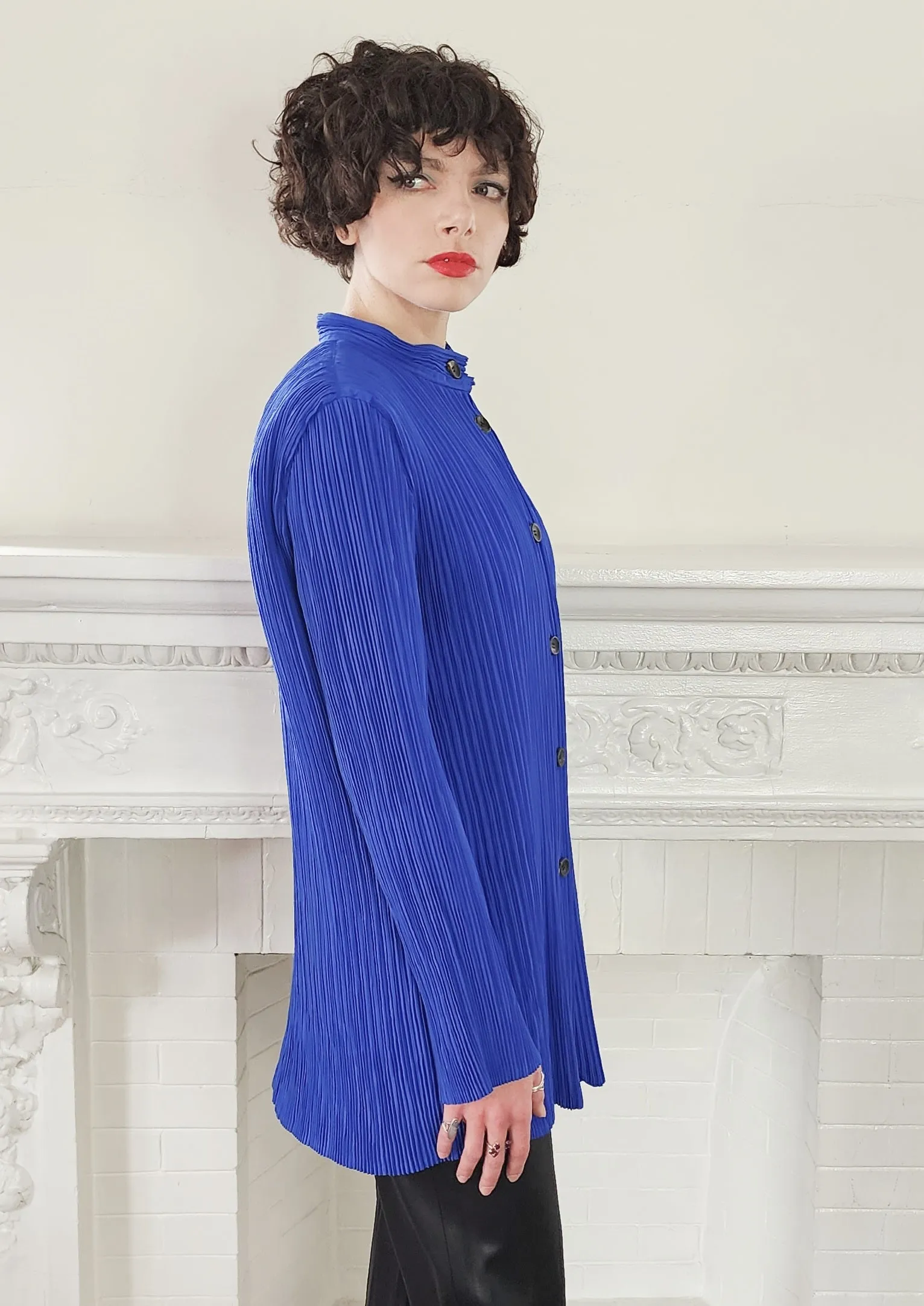 1980s Issey Miyake Hip Length Jacket in Pleated Blue Silk