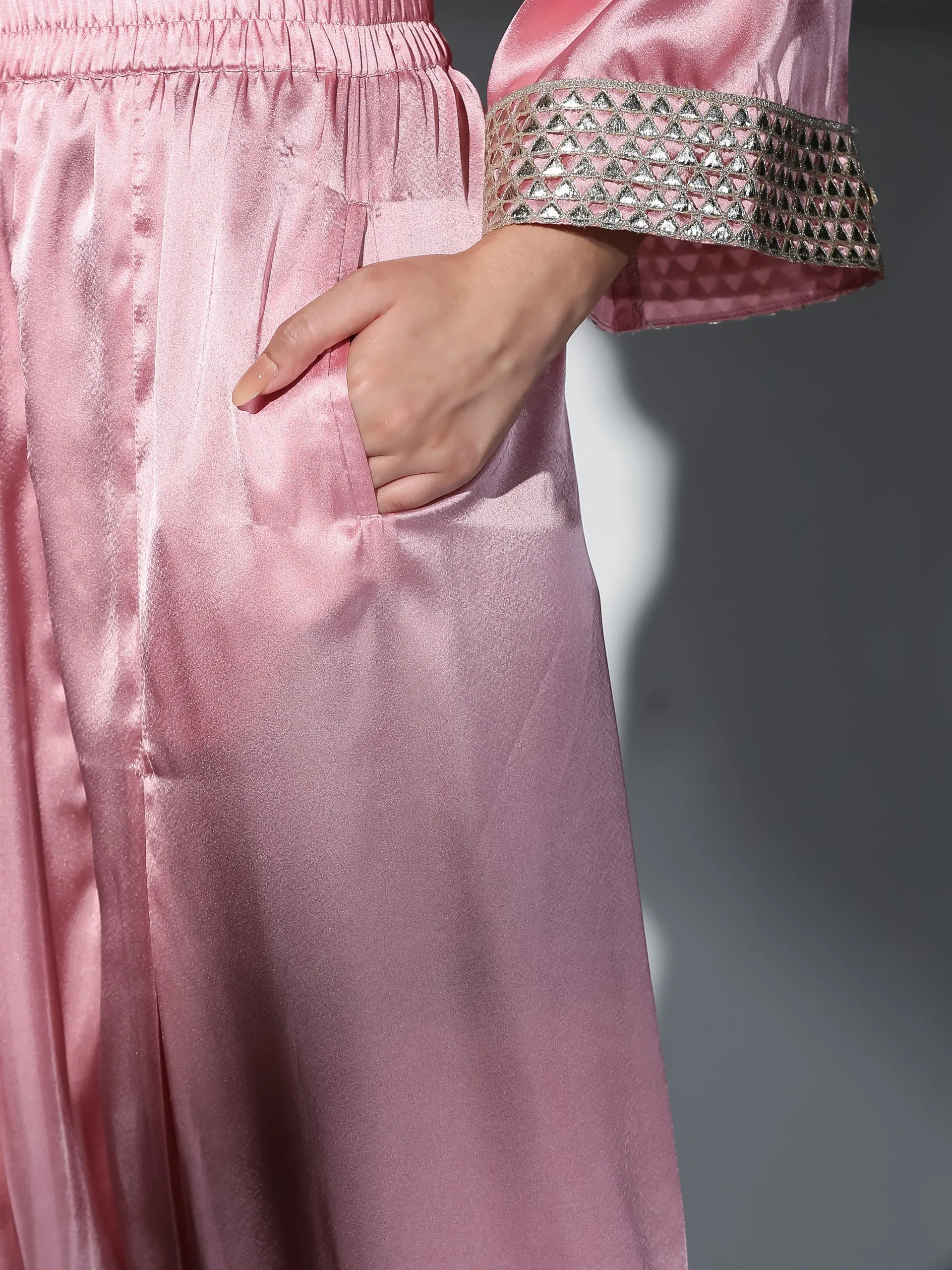 2 Piece Set | Vision in Pink Satin with Gold Triangle on sleeves with Easy Pants