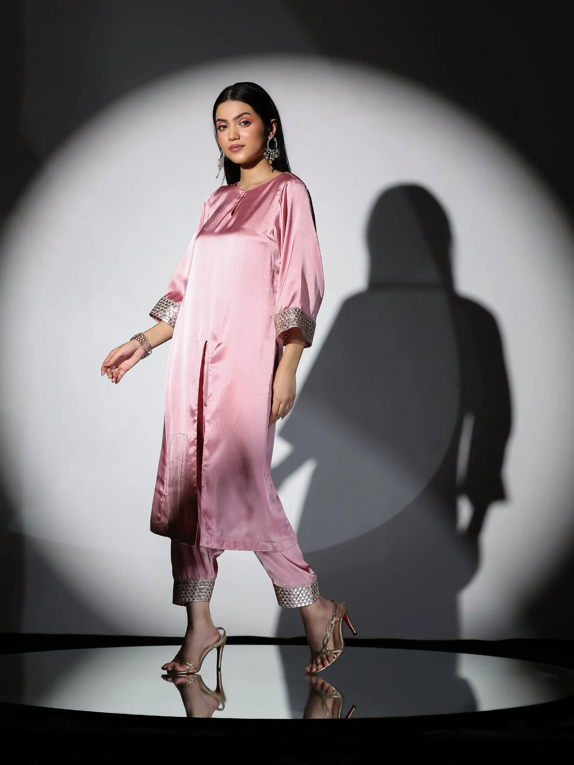 2 Piece Set | Vision in Pink Satin with Gold Triangle on sleeves with Easy Pants