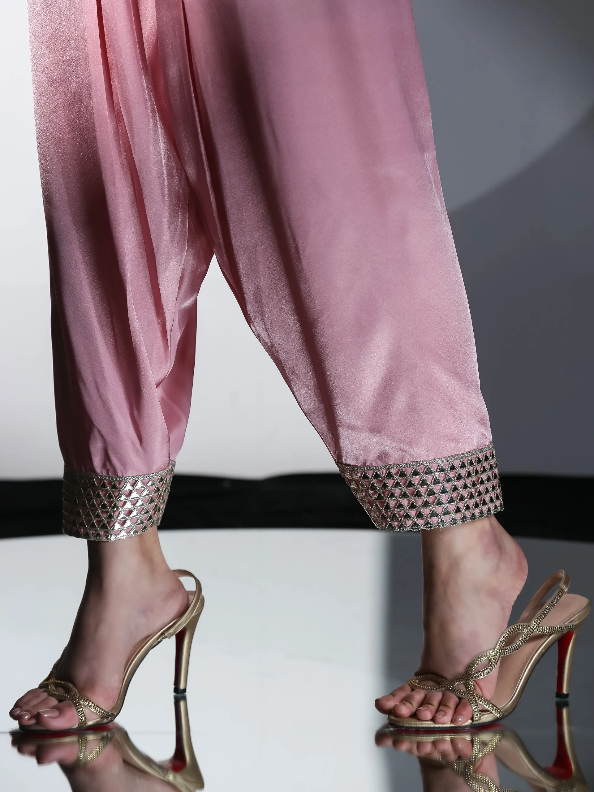 2 Piece Set | Vision in Pink Satin with Gold Triangle on sleeves with Easy Pants