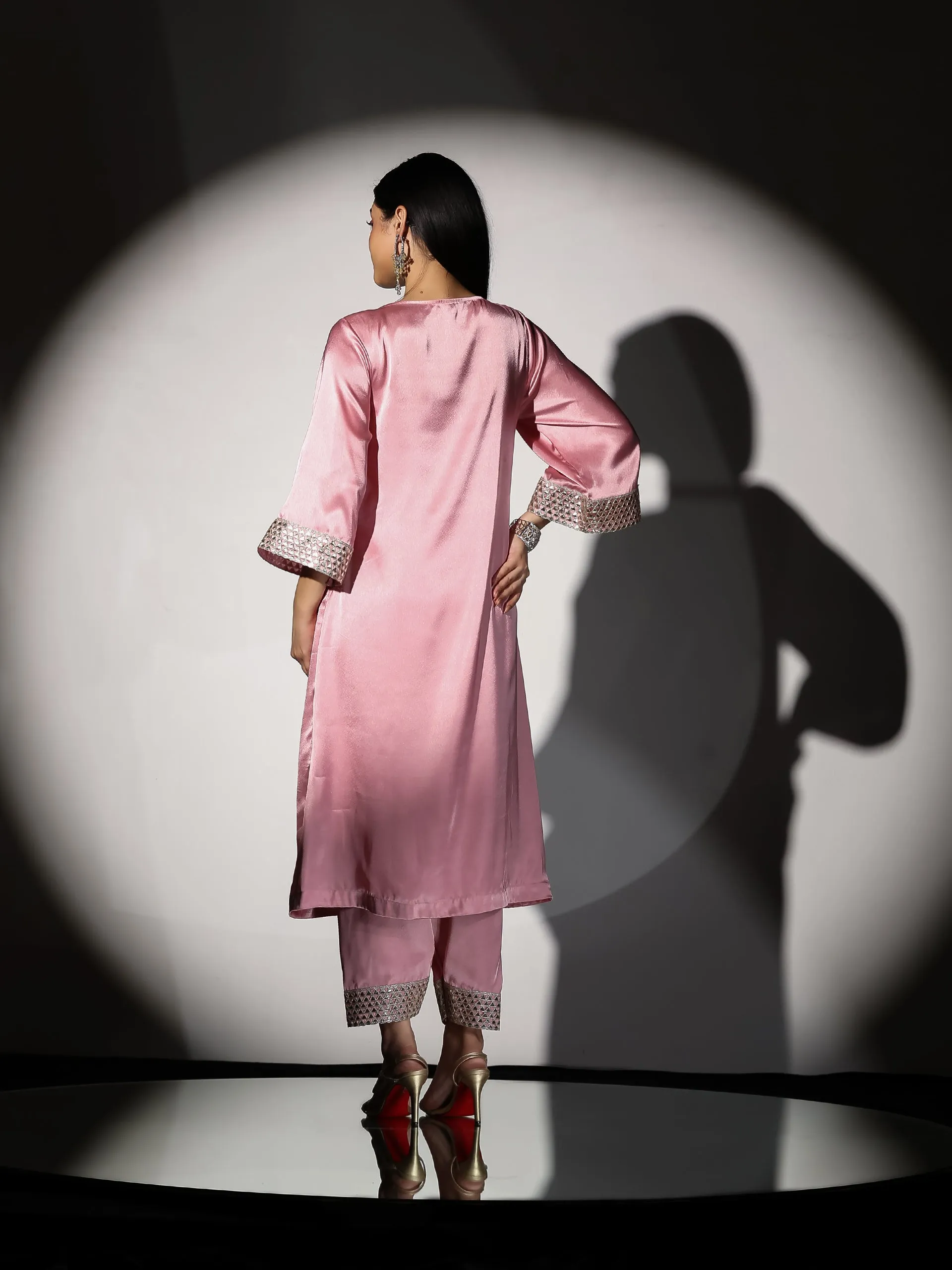 2 Piece Set | Vision in Pink Satin with Gold Triangle on sleeves with Easy Pants