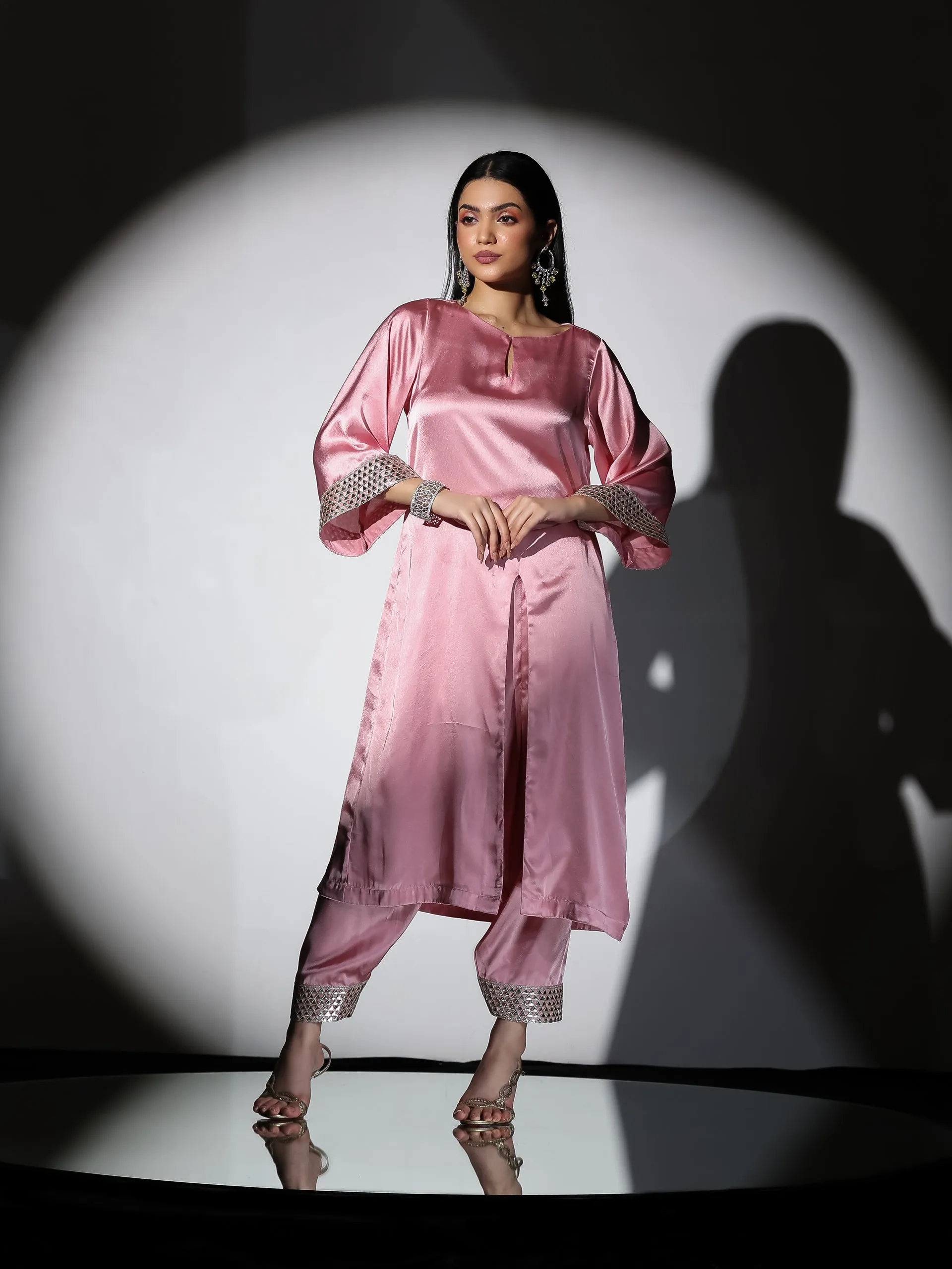 2 Piece Set | Vision in Pink Satin with Gold Triangle on sleeves with Easy Pants