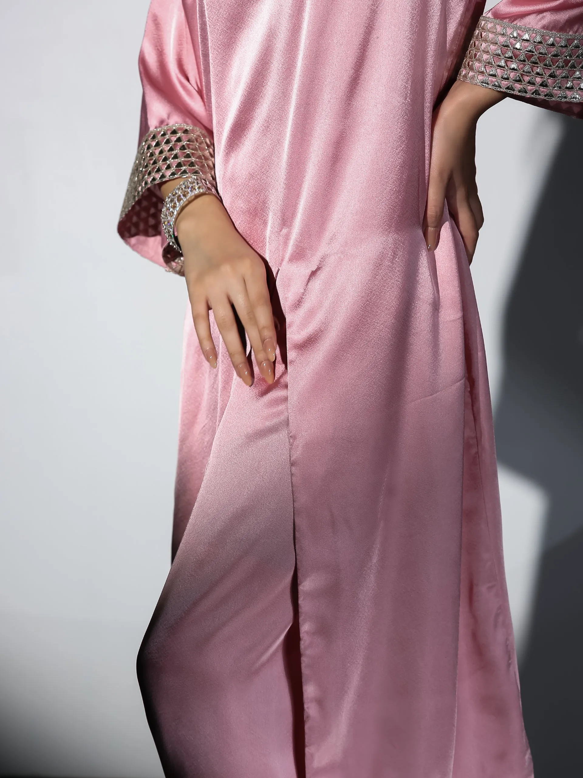 2 Piece Set | Vision in Pink Satin with Gold Triangle on sleeves with Easy Pants