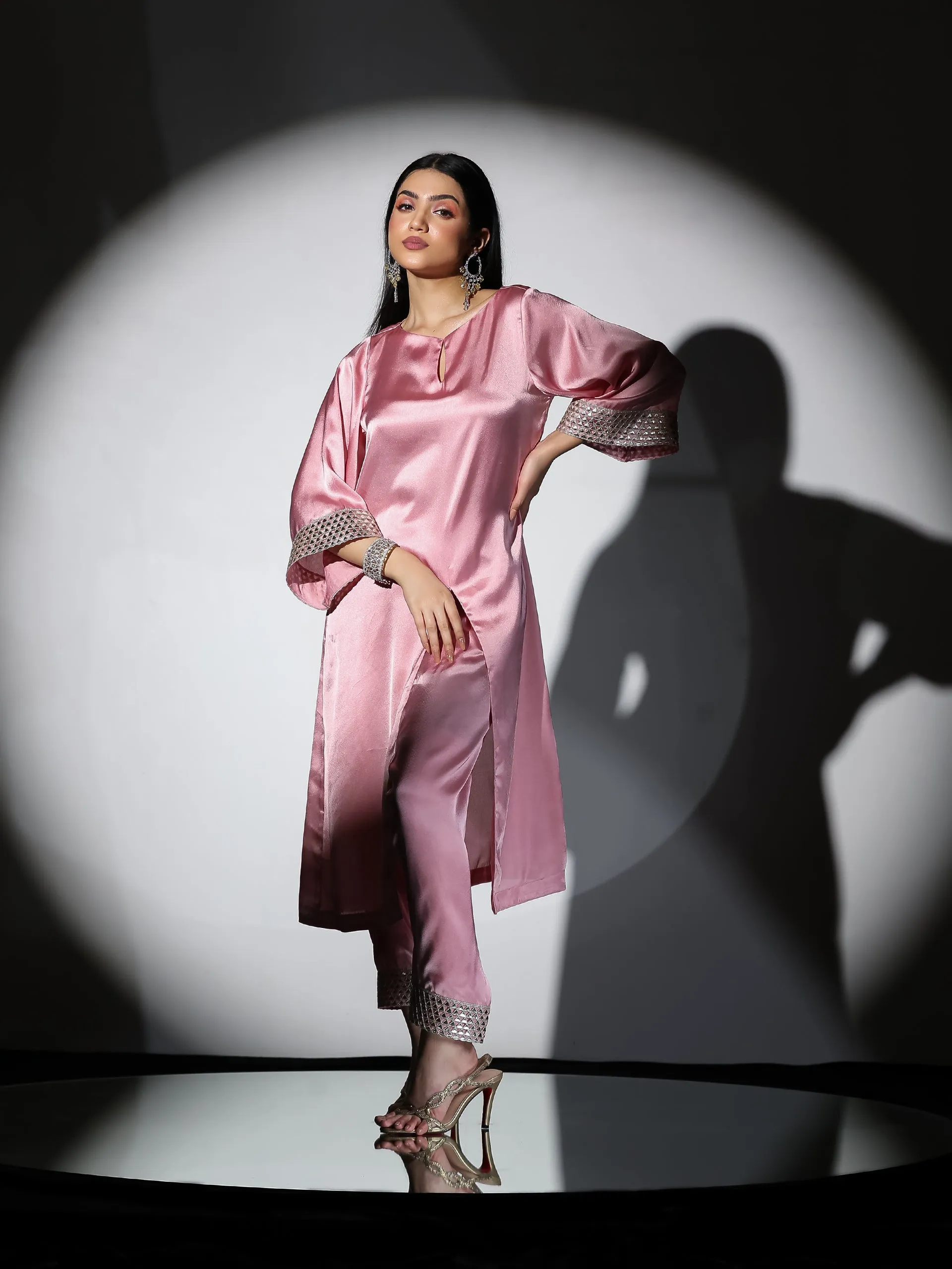 2 Piece Set | Vision in Pink Satin with Gold Triangle on sleeves with Easy Pants