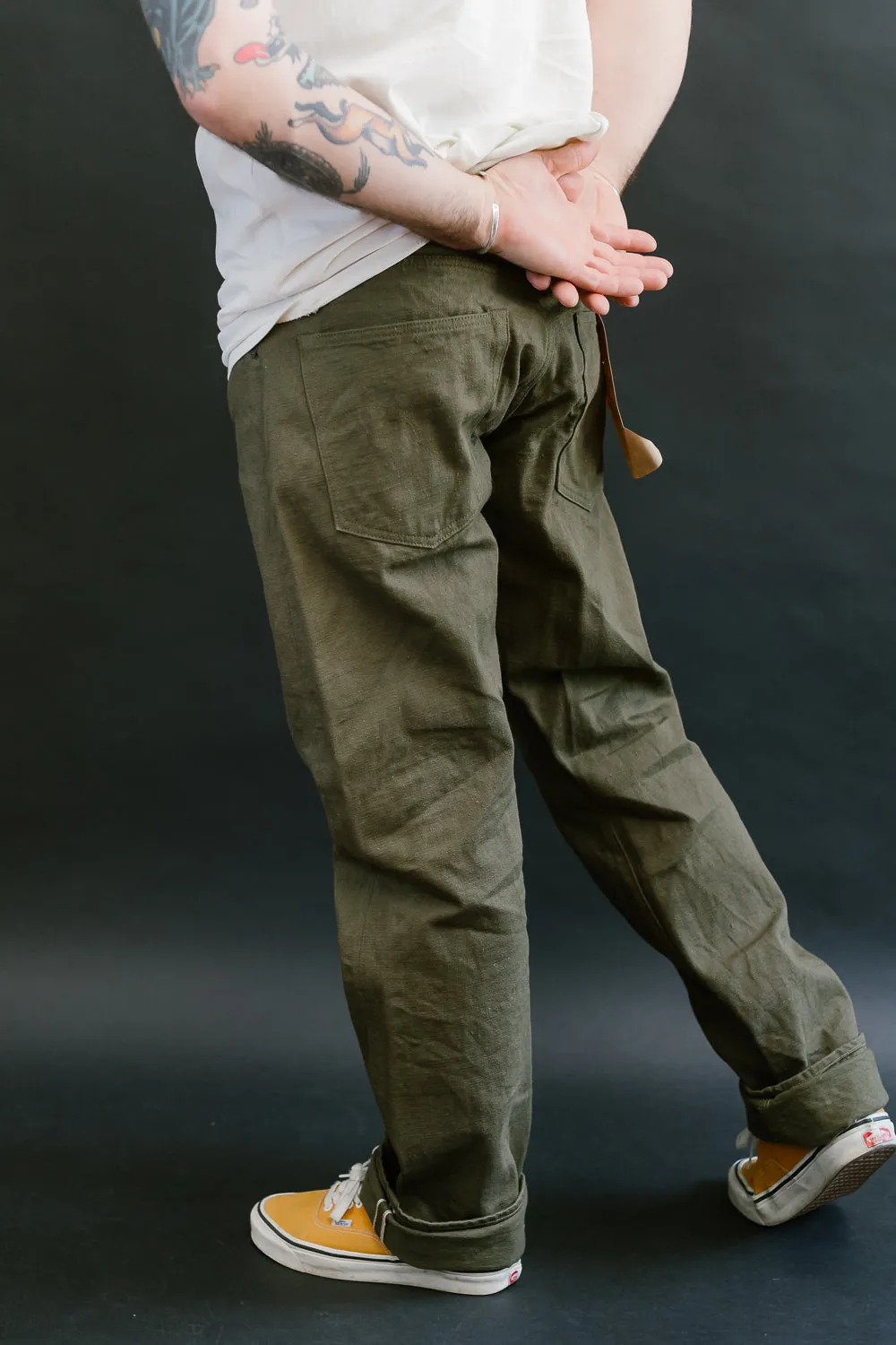 246-OLOL - 12oz "Tate Yoko" Yarn Dyed Olive Trouser  - Neat Straight