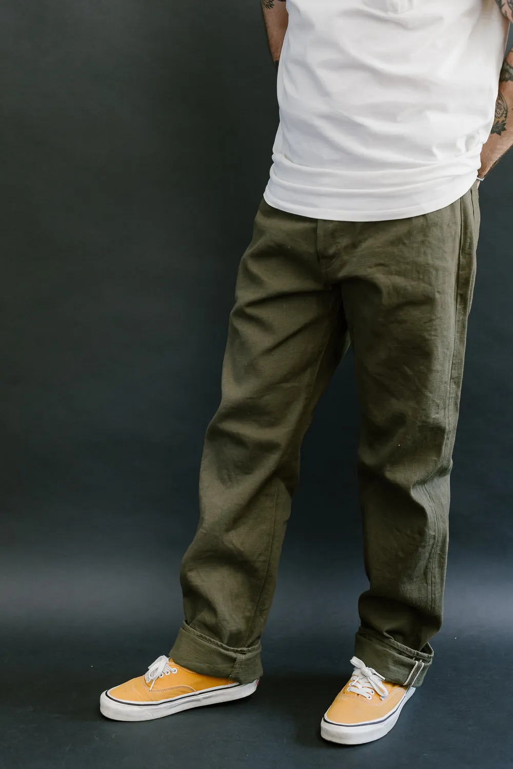 246-OLOL - 12oz "Tate Yoko" Yarn Dyed Olive Trouser  - Neat Straight