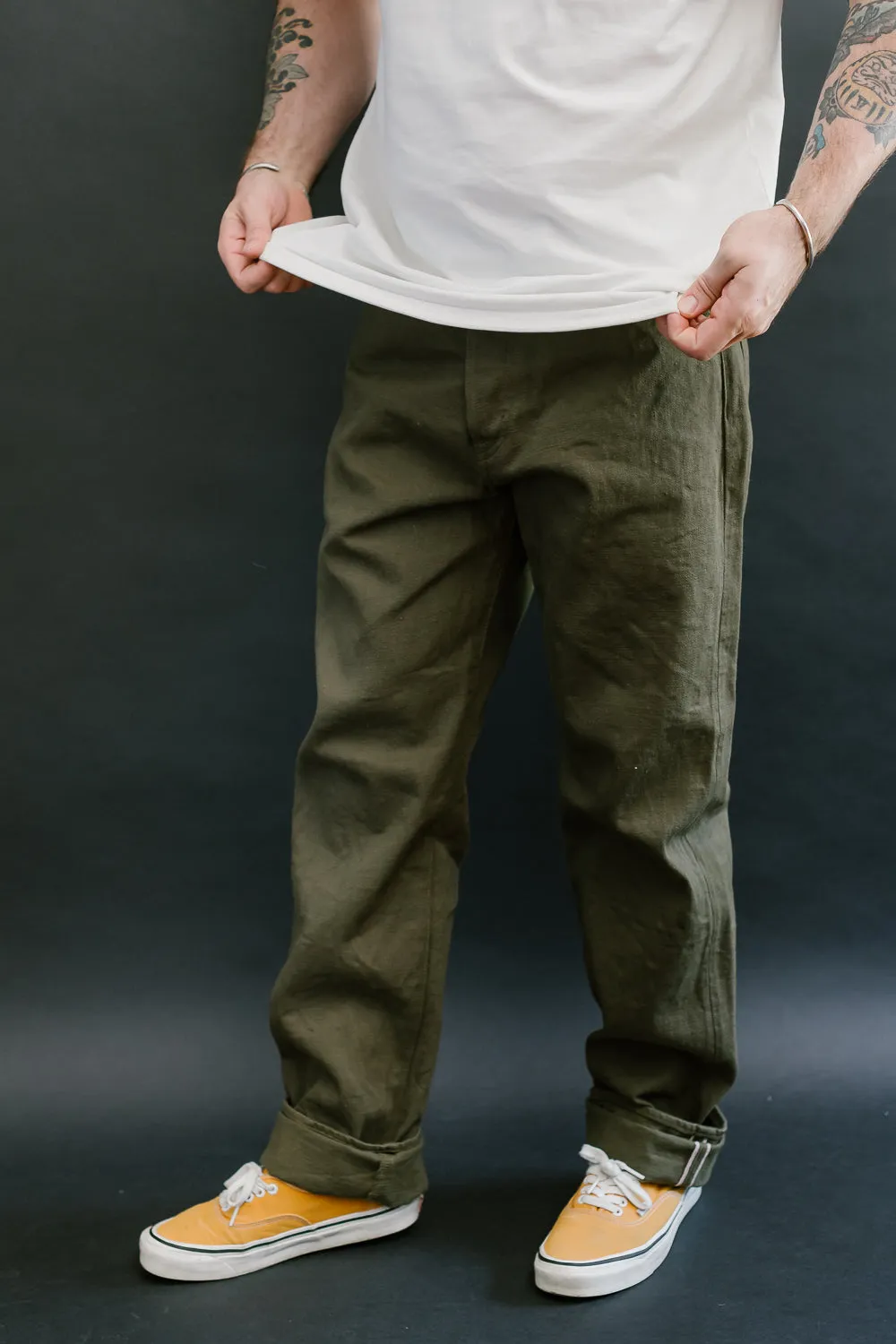 246-OLOL - 12oz "Tate Yoko" Yarn Dyed Olive Trouser  - Neat Straight