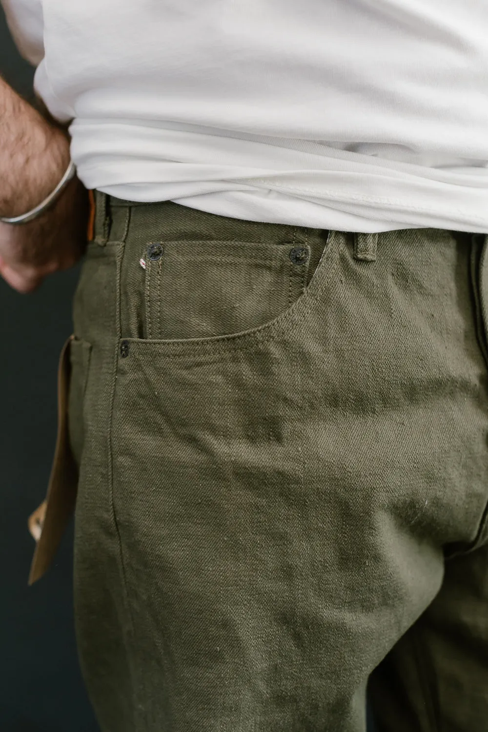 246-OLOL - 12oz "Tate Yoko" Yarn Dyed Olive Trouser  - Neat Straight