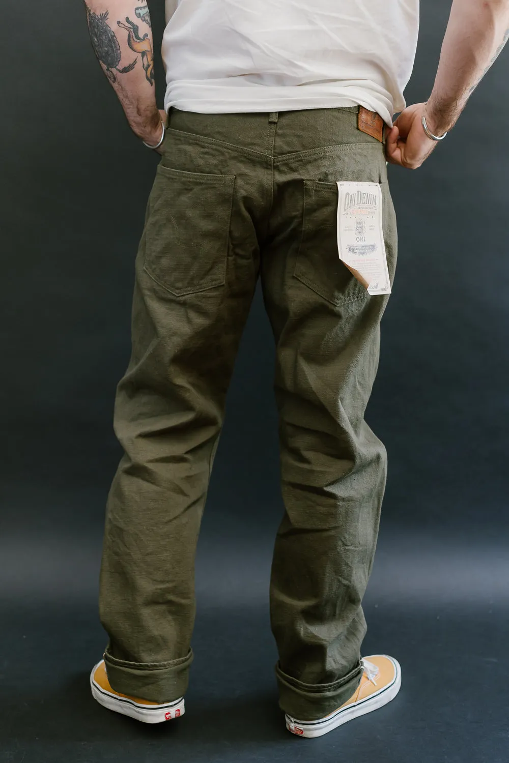 246-OLOL - 12oz "Tate Yoko" Yarn Dyed Olive Trouser  - Neat Straight