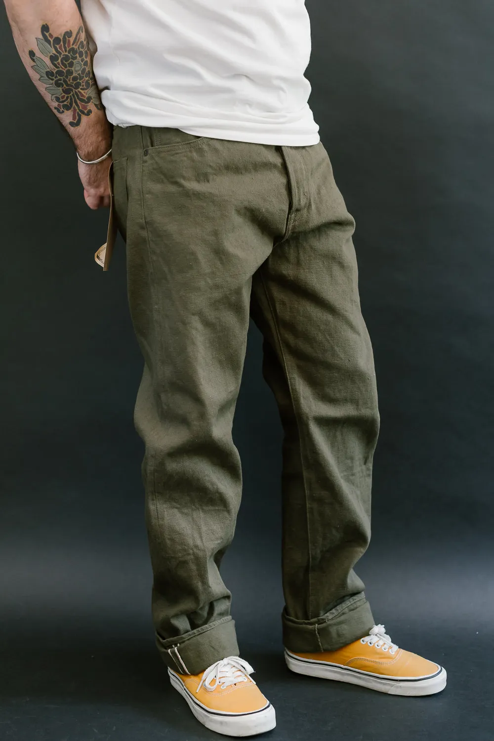 246-OLOL - 12oz "Tate Yoko" Yarn Dyed Olive Trouser  - Neat Straight