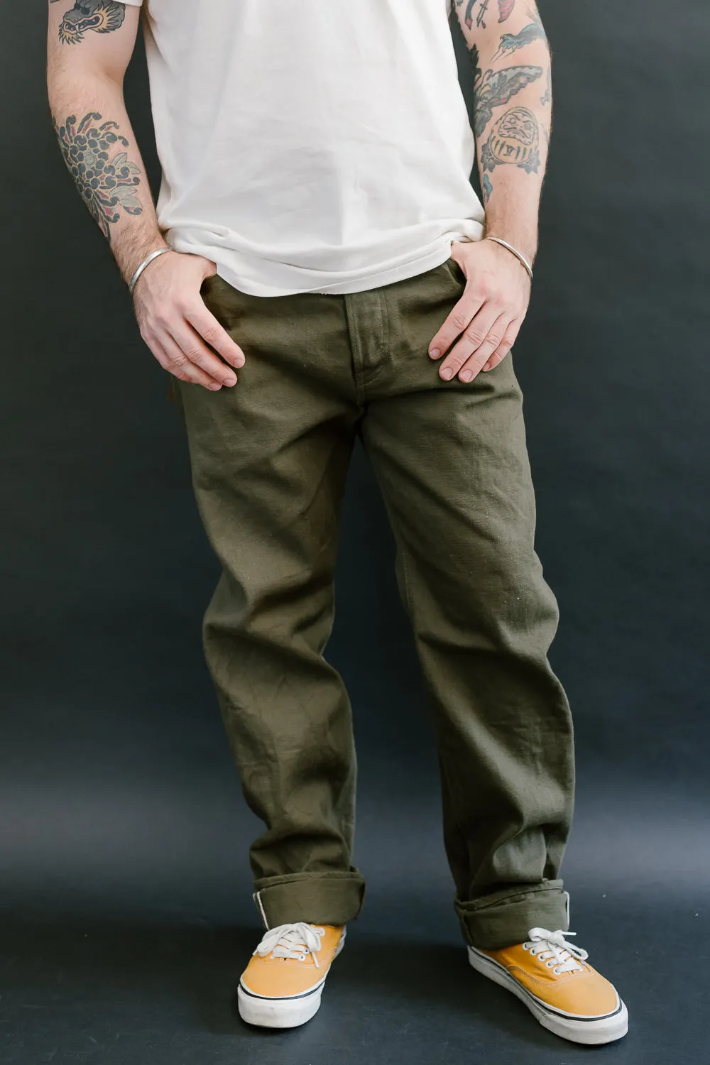 246-OLOL - 12oz "Tate Yoko" Yarn Dyed Olive Trouser  - Neat Straight