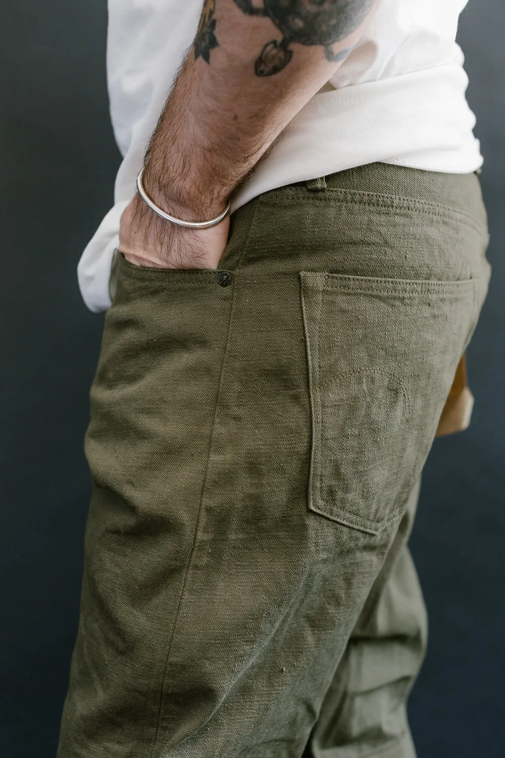 246-OLOL - 12oz "Tate Yoko" Yarn Dyed Olive Trouser  - Neat Straight