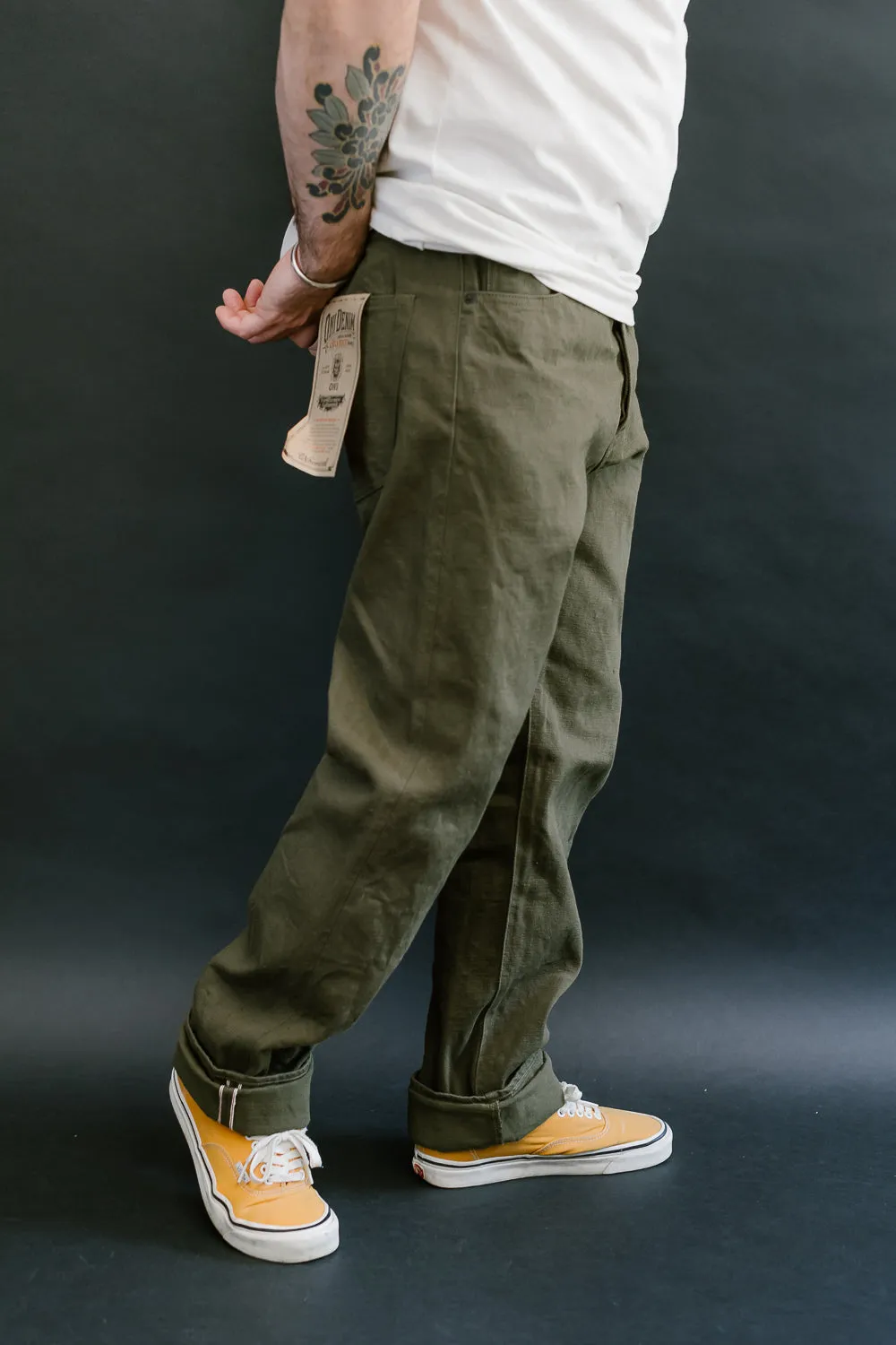 246-OLOL - 12oz "Tate Yoko" Yarn Dyed Olive Trouser  - Neat Straight