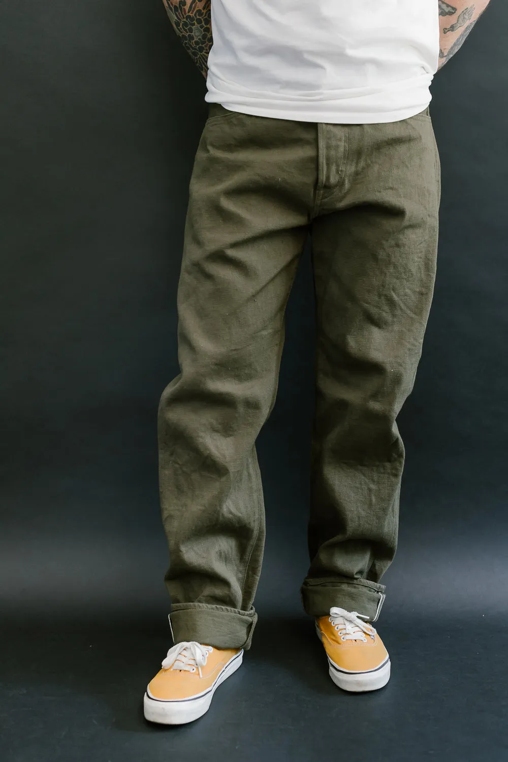 246-OLOL - 12oz "Tate Yoko" Yarn Dyed Olive Trouser  - Neat Straight