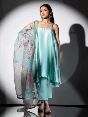 3pc SET - Mint Stripe Satin Dress , Pants and Organza Printed Dupatta with Lace