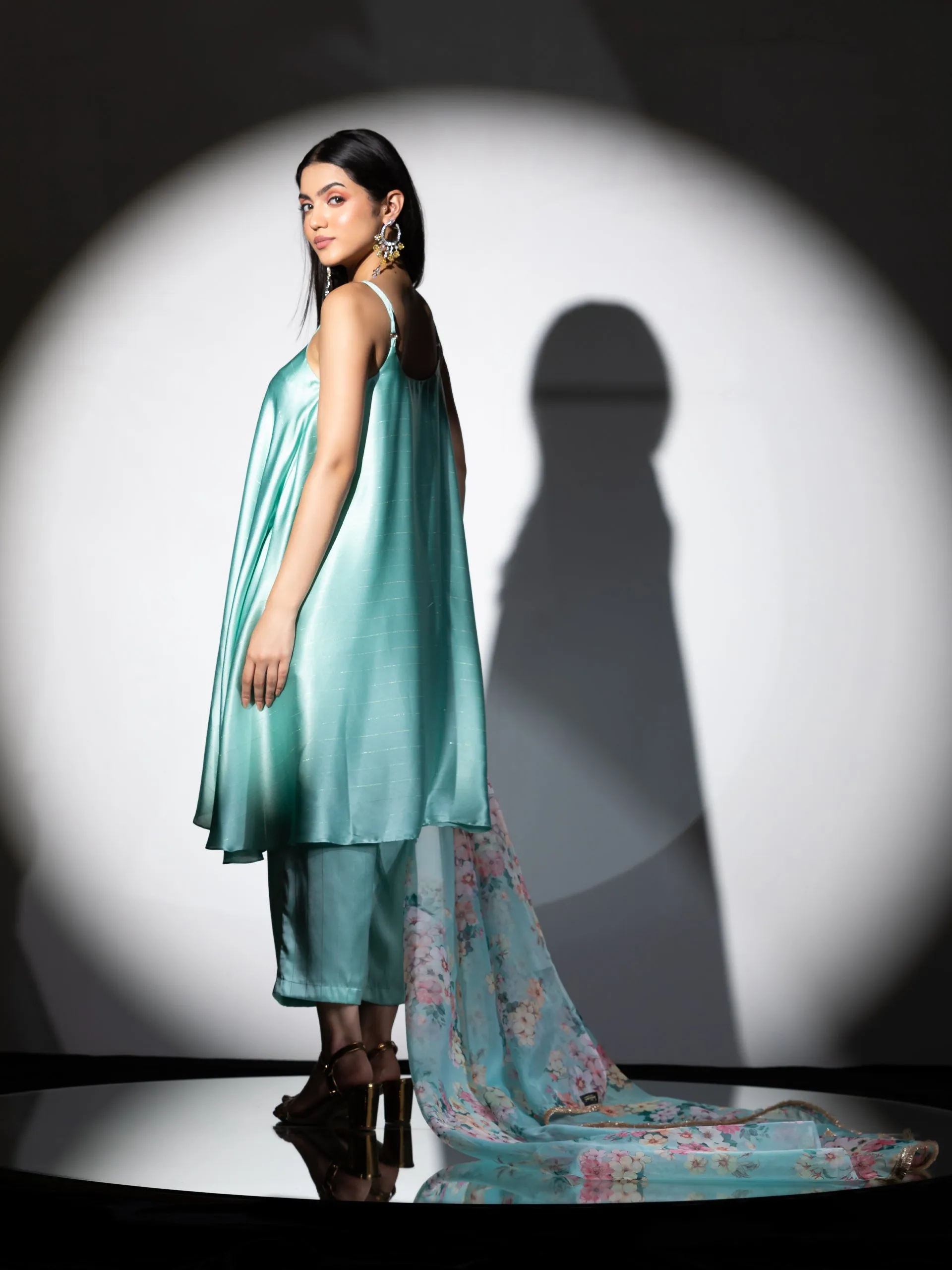 3pc SET - Mint Stripe Satin Dress , Pants and Organza Printed Dupatta with Lace