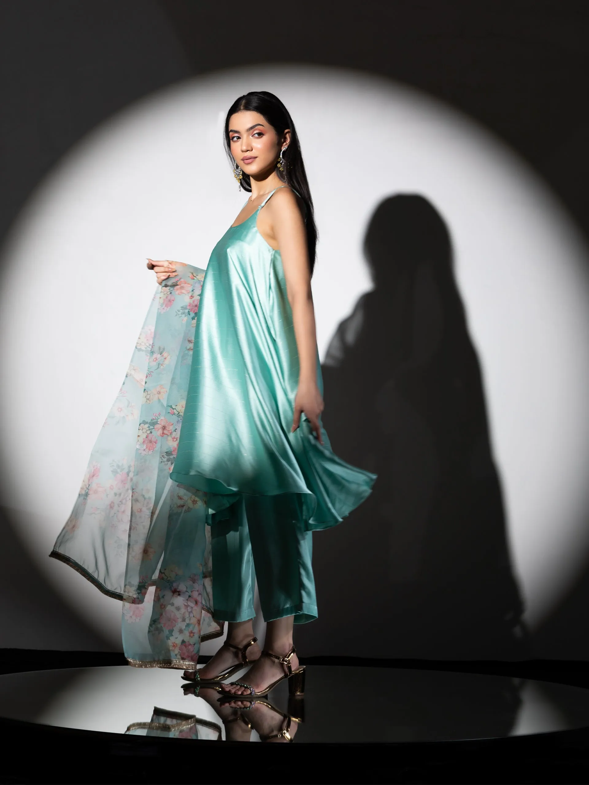 3pc SET - Mint Stripe Satin Dress , Pants and Organza Printed Dupatta with Lace