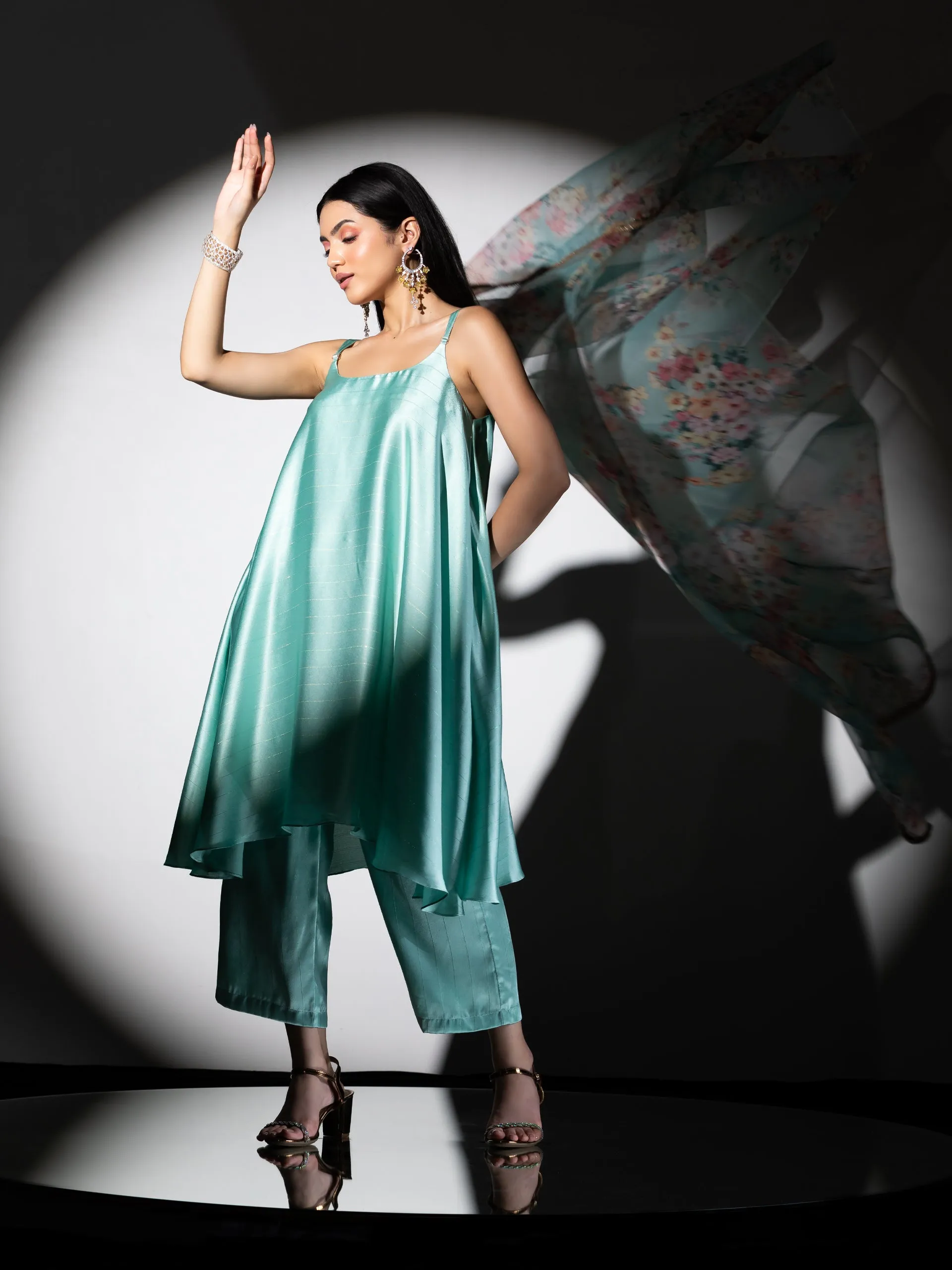 3pc SET - Mint Stripe Satin Dress , Pants and Organza Printed Dupatta with Lace