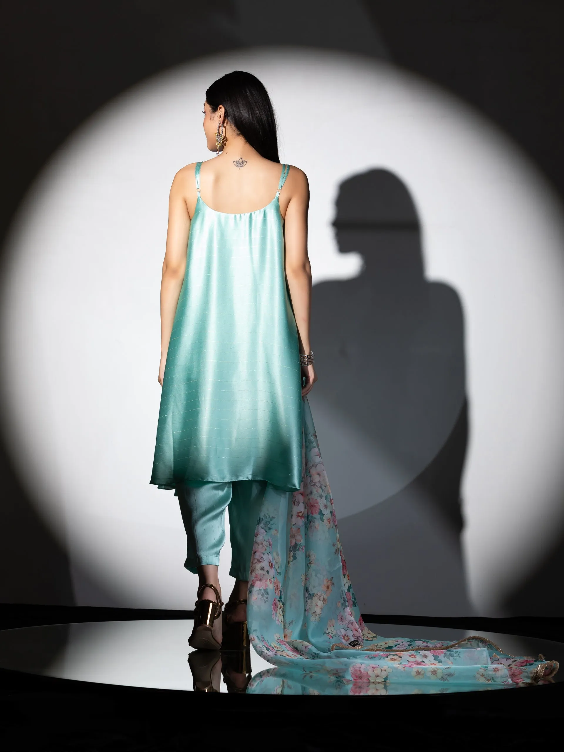 3pc SET - Mint Stripe Satin Dress , Pants and Organza Printed Dupatta with Lace