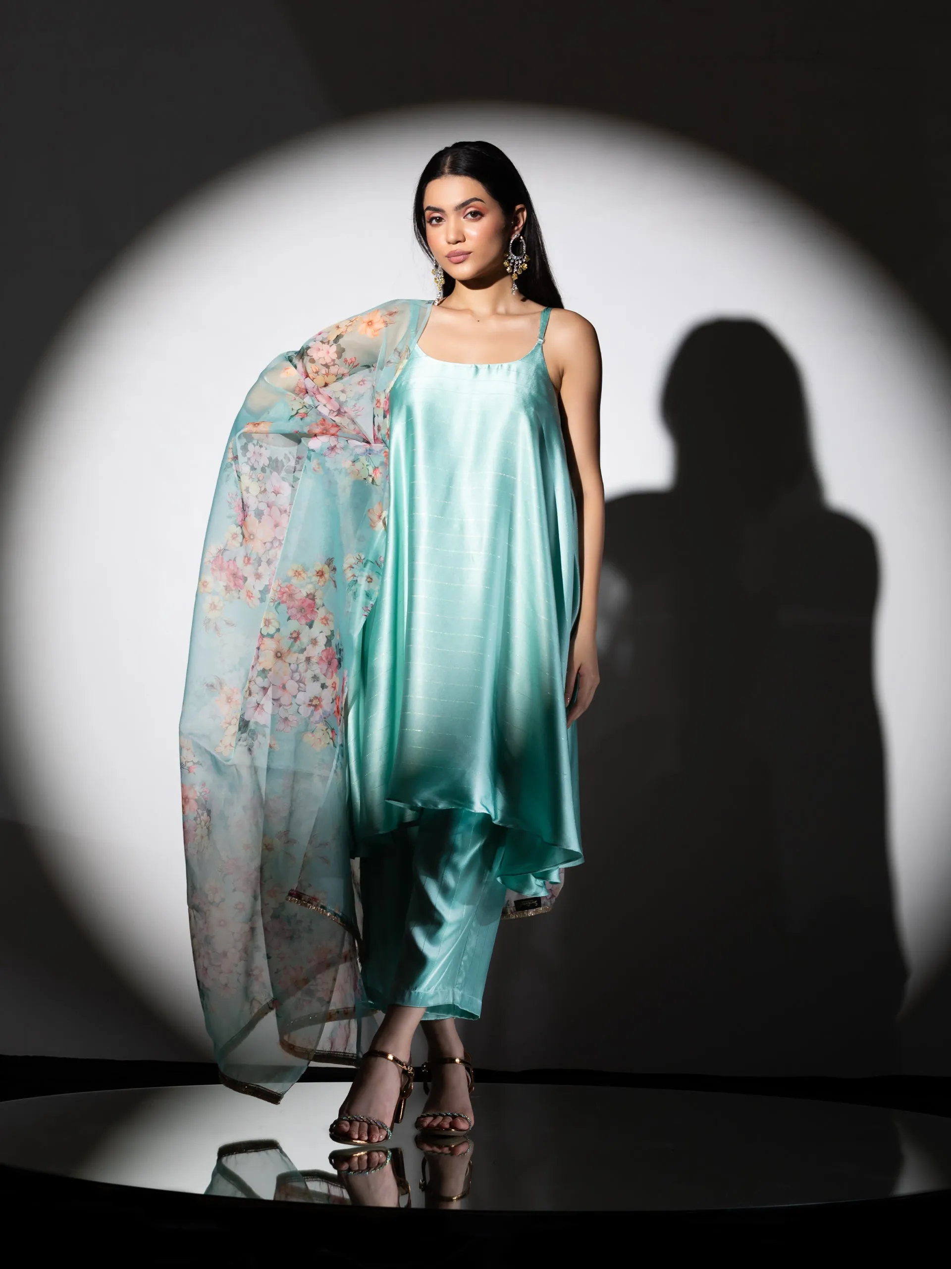 3pc SET - Mint Stripe Satin Dress , Pants and Organza Printed Dupatta with Lace