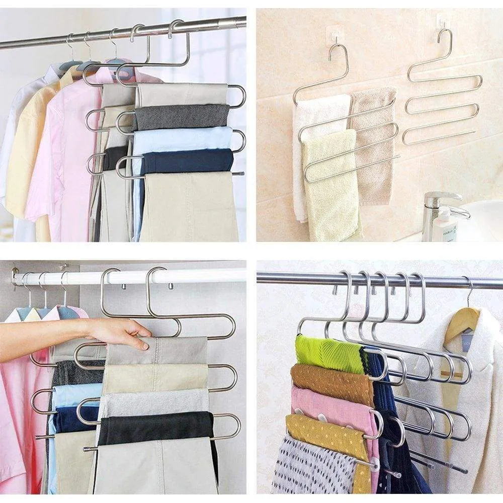 6 Pack Pants Hangers, S-Type Closet Organizer & Stainless Steel Multi Layers Magic Hanger, Space Saver Clothes Rack, Tiered Hanging Storage for Jeans, Scarf, Skirt - (14.17 x 14.96 Inch)