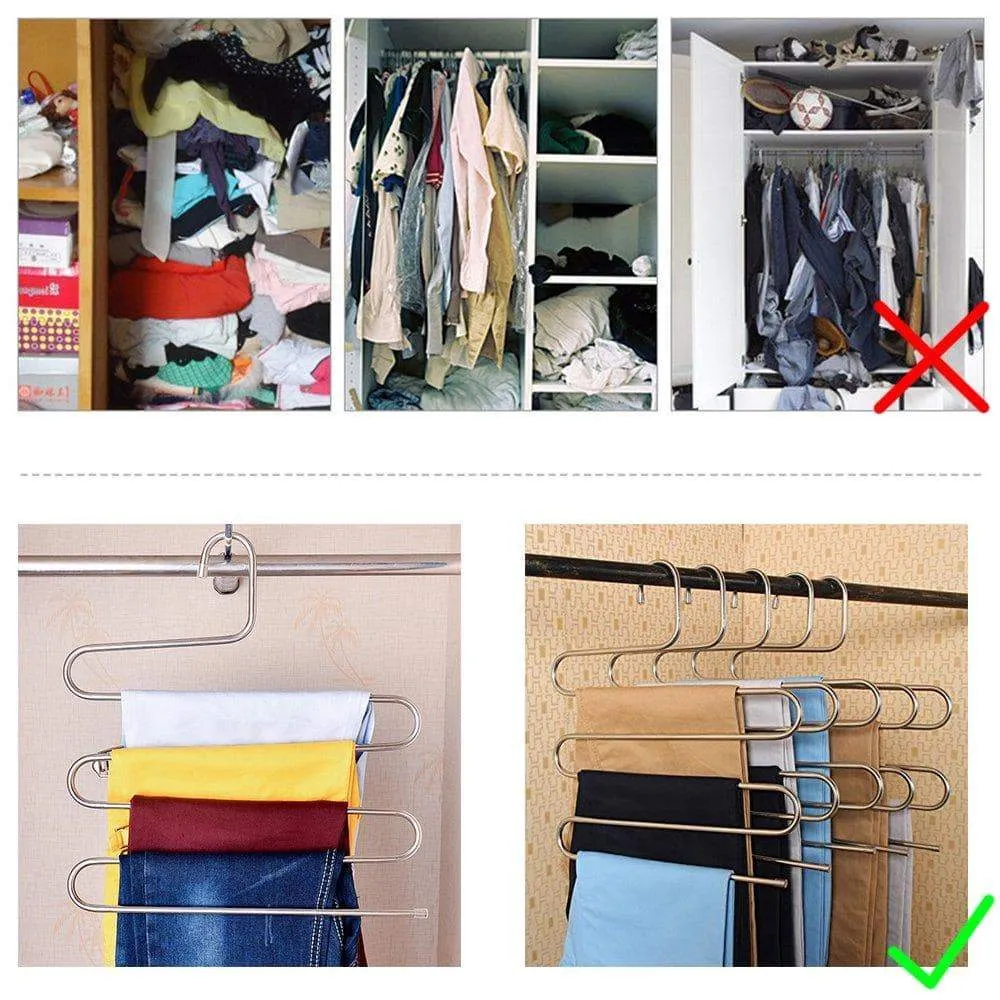 6 Pack Pants Hangers, S-Type Closet Organizer & Stainless Steel Multi Layers Magic Hanger, Space Saver Clothes Rack, Tiered Hanging Storage for Jeans, Scarf, Skirt - (14.17 x 14.96 Inch)