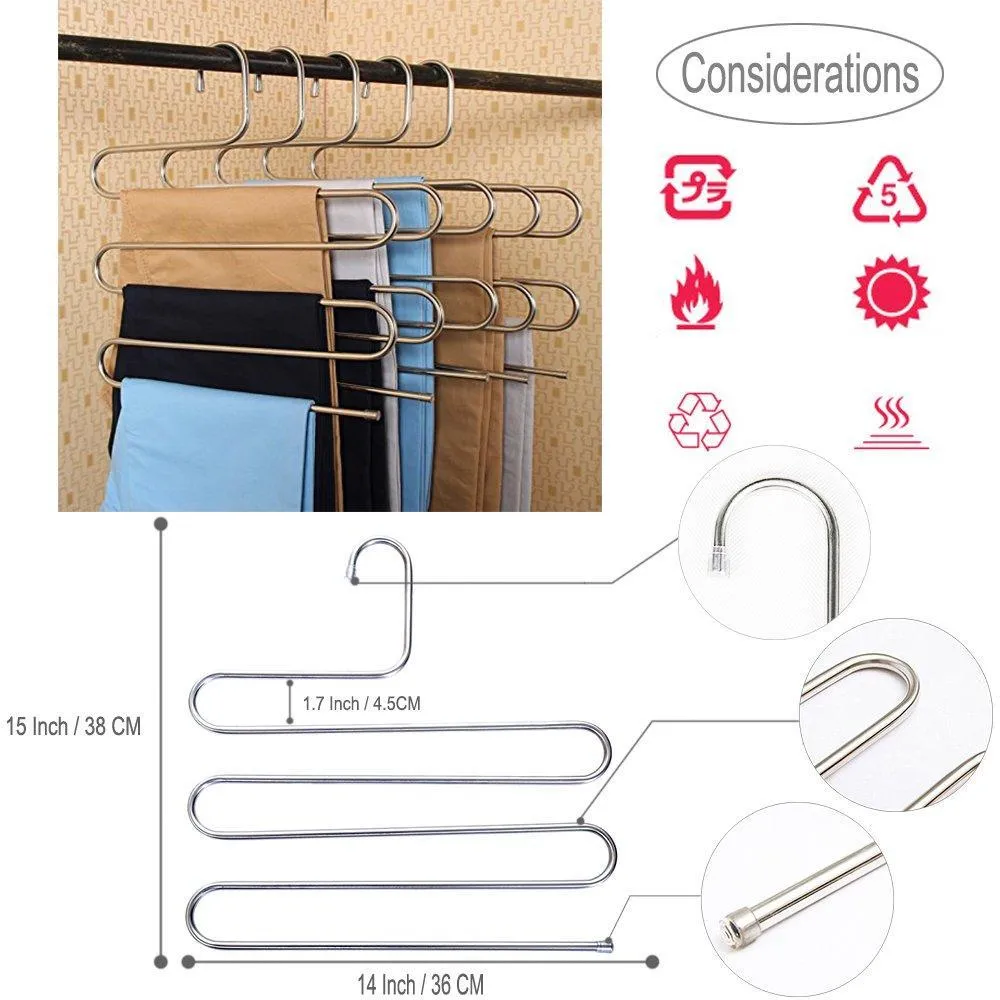 6 Pack Pants Hangers, S-Type Closet Organizer & Stainless Steel Multi Layers Magic Hanger, Space Saver Clothes Rack, Tiered Hanging Storage for Jeans, Scarf, Skirt - (14.17 x 14.96 Inch)