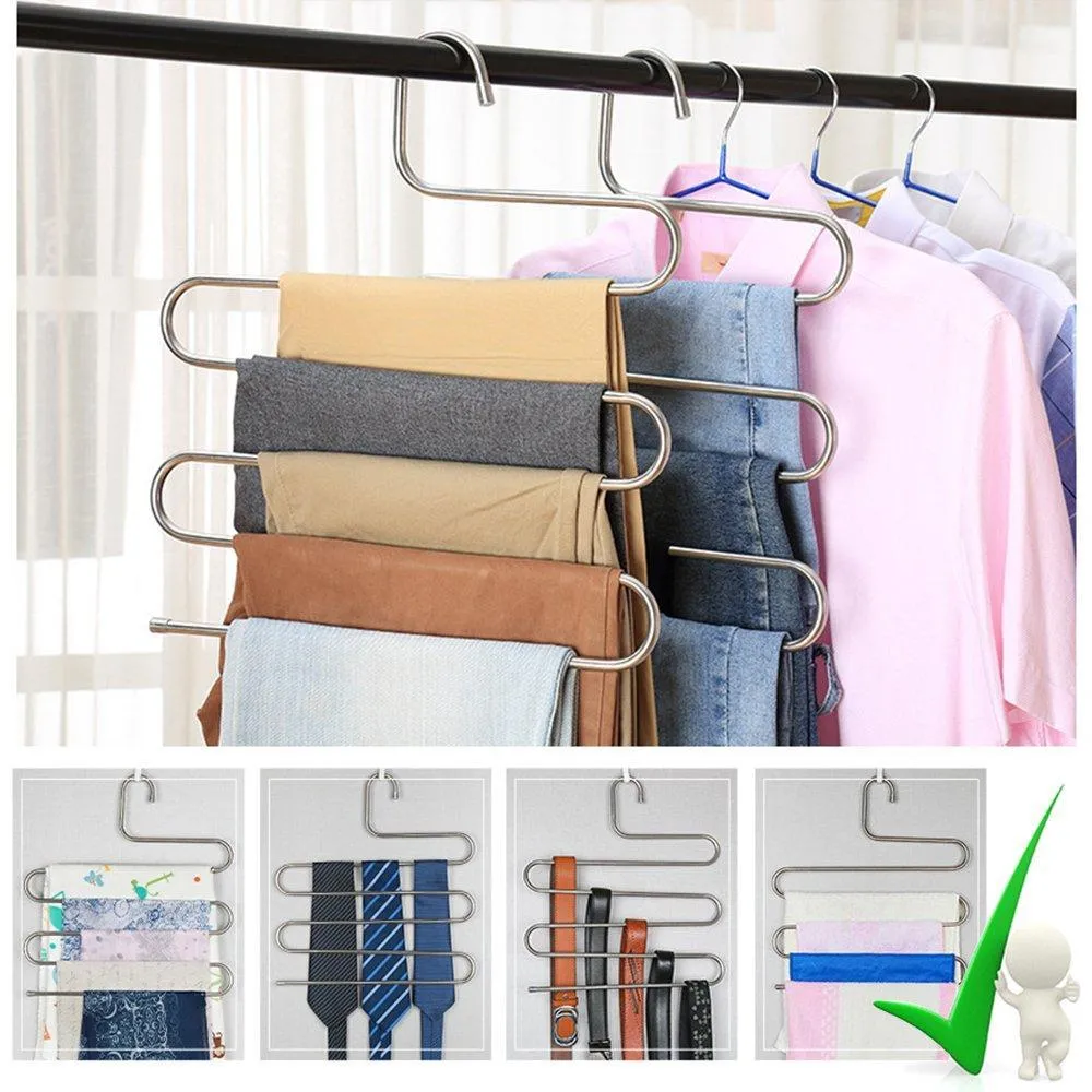 6 Pack Pants Hangers, S-Type Closet Organizer & Stainless Steel Multi Layers Magic Hanger, Space Saver Clothes Rack, Tiered Hanging Storage for Jeans, Scarf, Skirt - (14.17 x 14.96 Inch)