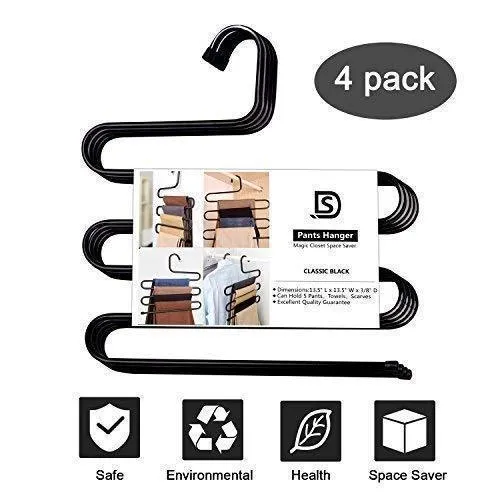 Advutils Pants Hanger Multi-layer S-style Jeans Trouser Hanger Closet Organize Storage Stainless Steel Rack Space Saver for Tie Scarf Shock Jeans Towel Clothes（4 Pack ）