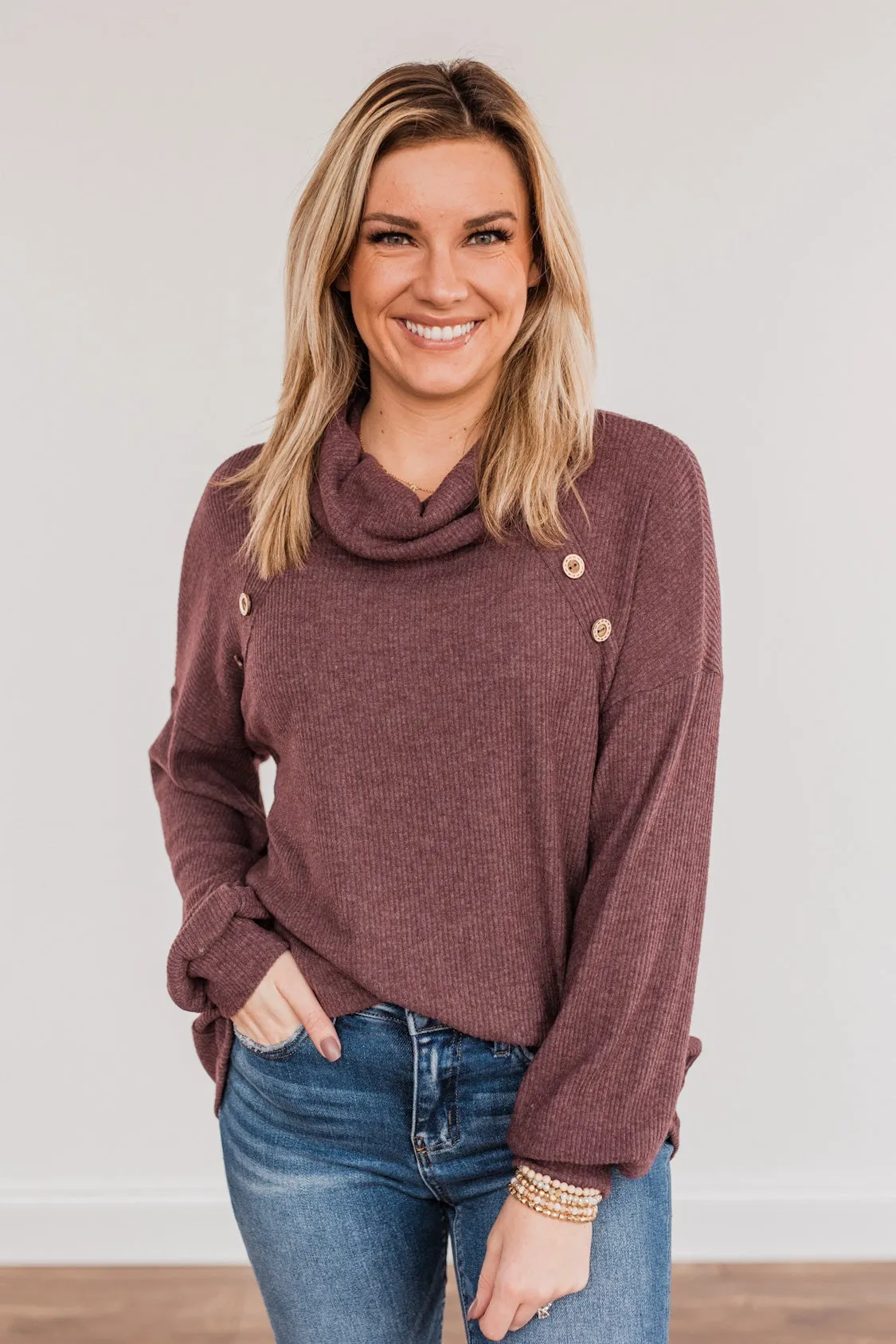 All Night Long Cowl Neck Top- Plum