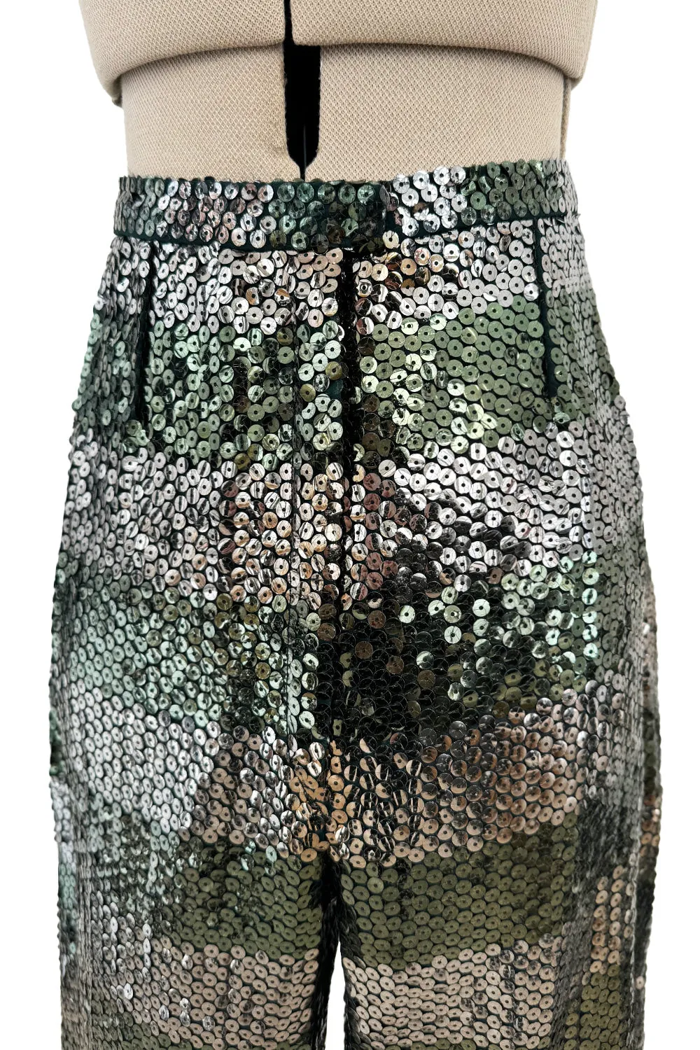 Amazing 1970s Yves Saint Laurent Couture Attrb Fully Sequin Green Gold Silver Wide Leg Pants
