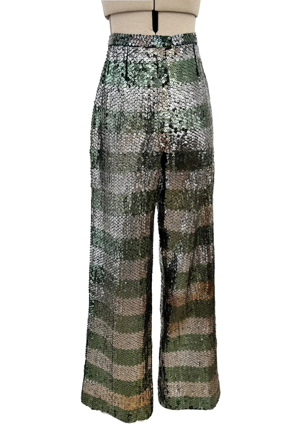 Amazing 1970s Yves Saint Laurent Couture Attrb Fully Sequin Green Gold Silver Wide Leg Pants