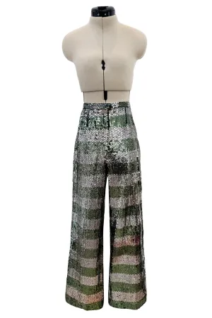 Amazing 1970s Yves Saint Laurent Couture Attrb Fully Sequin Green Gold Silver Wide Leg Pants