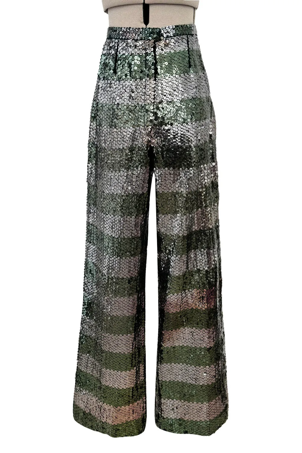Amazing 1970s Yves Saint Laurent Couture Attrb Fully Sequin Green Gold Silver Wide Leg Pants