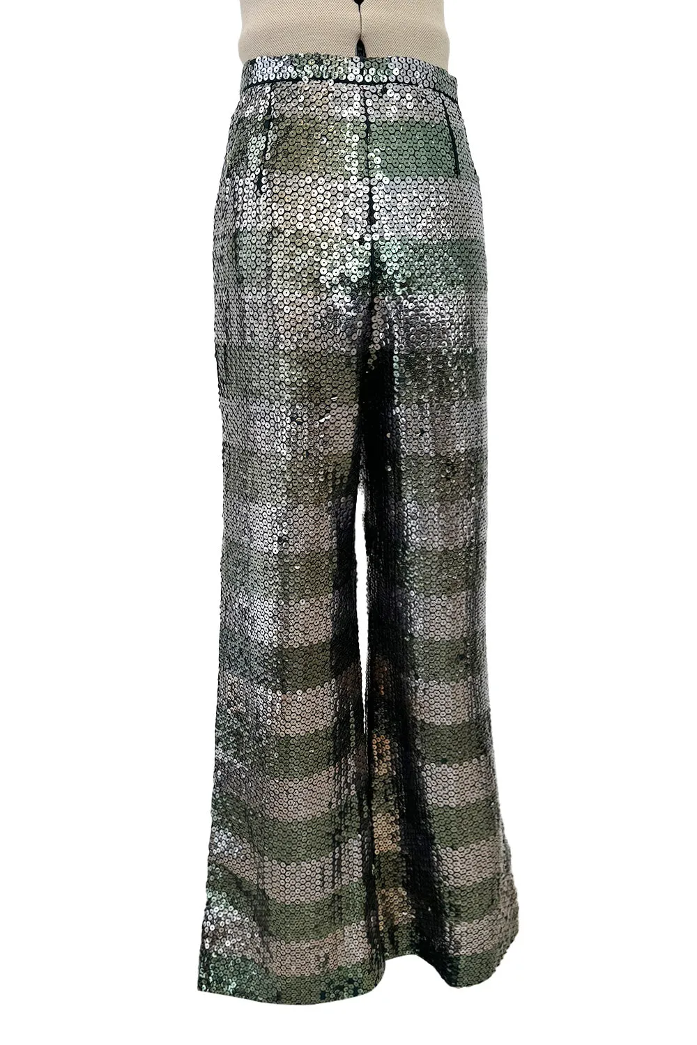 Amazing 1970s Yves Saint Laurent Couture Attrb Fully Sequin Green Gold Silver Wide Leg Pants