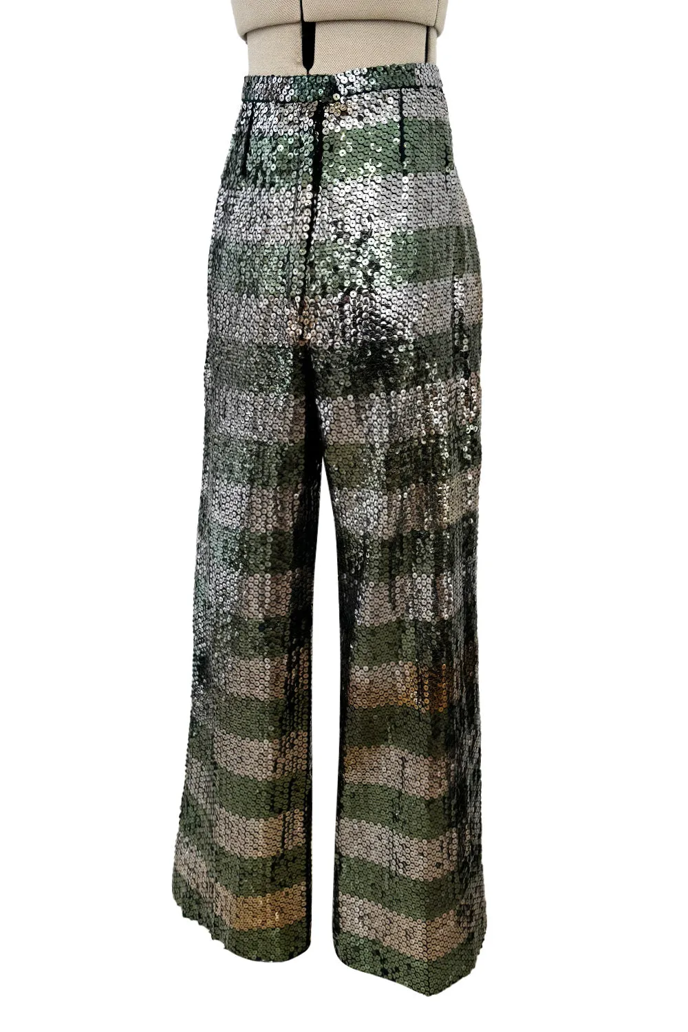 Amazing 1970s Yves Saint Laurent Couture Attrb Fully Sequin Green Gold Silver Wide Leg Pants
