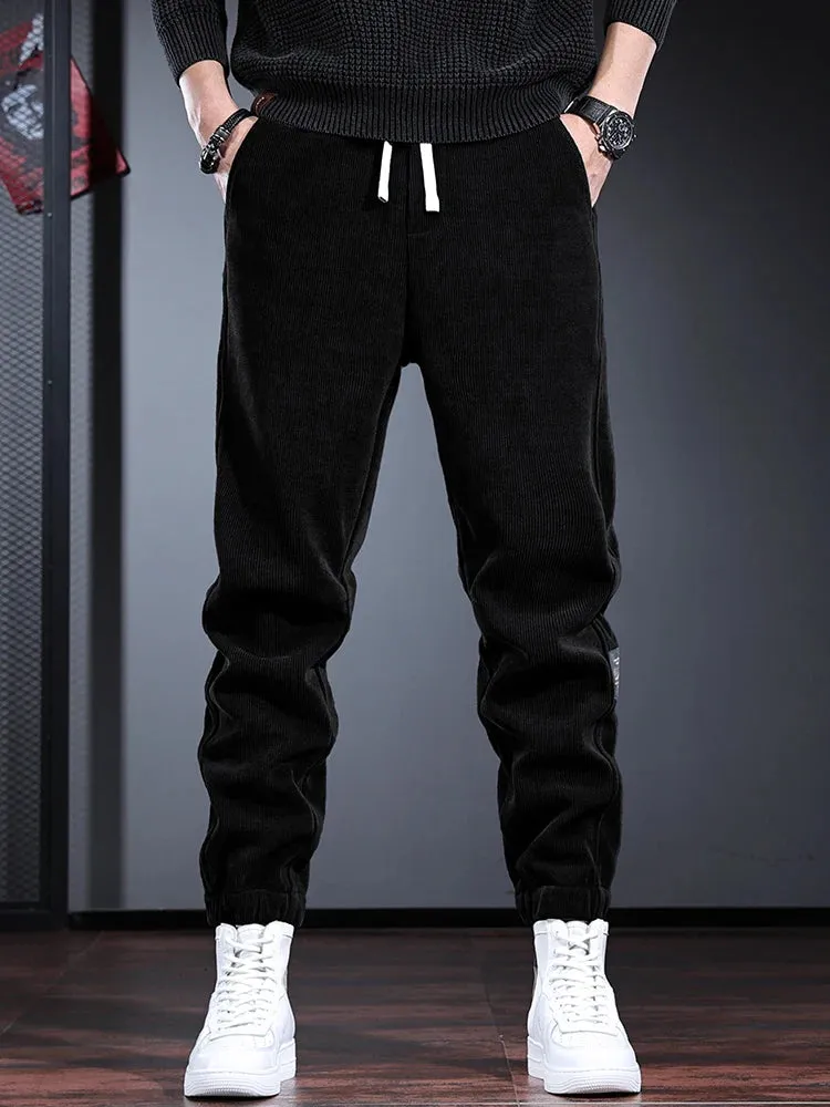 Autumn Black Corduroy Pants: Casual Sport Elastic Waist Drawstring Jogging Trousers for Men