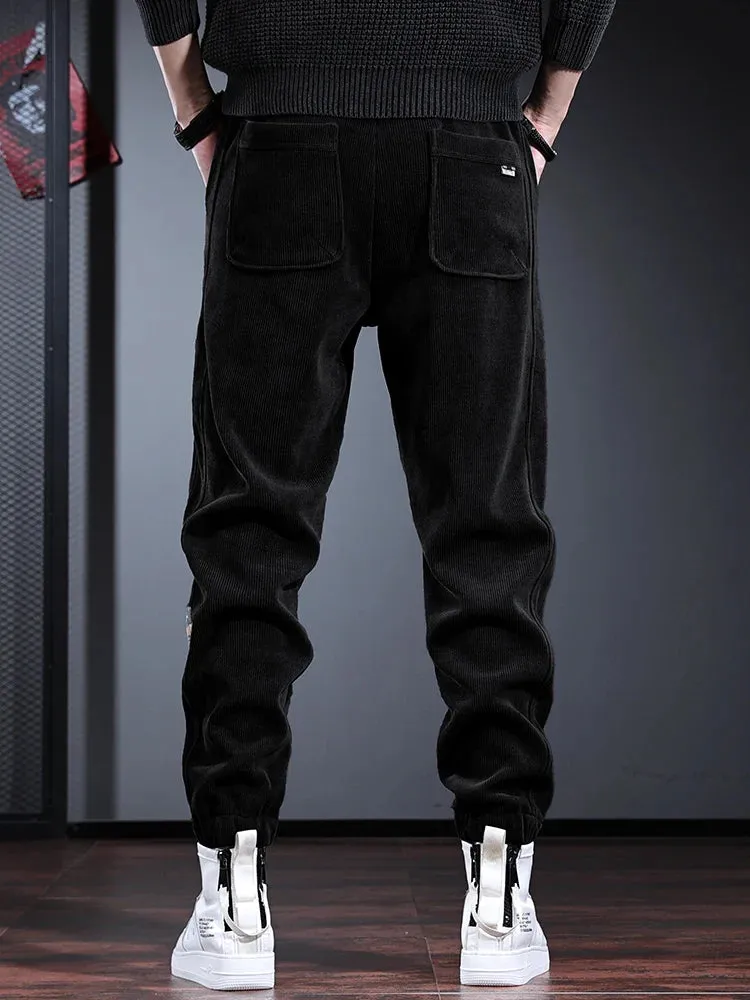 Autumn Black Corduroy Pants: Casual Sport Elastic Waist Drawstring Jogging Trousers for Men