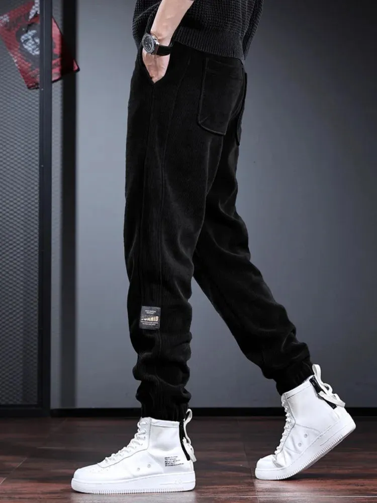 Autumn Black Corduroy Pants: Casual Sport Elastic Waist Drawstring Jogging Trousers for Men