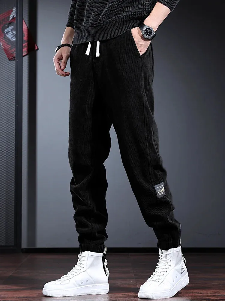 Autumn Black Corduroy Pants: Casual Sport Elastic Waist Drawstring Jogging Trousers for Men