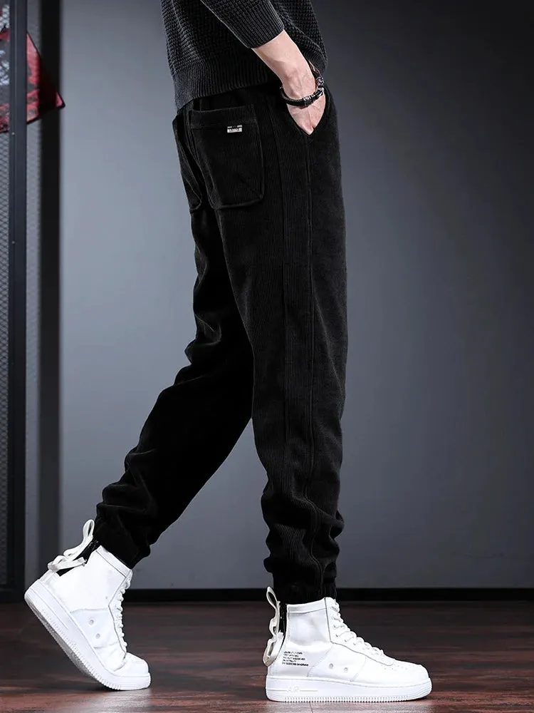 Autumn Black Corduroy Pants: Casual Sport Elastic Waist Drawstring Jogging Trousers for Men